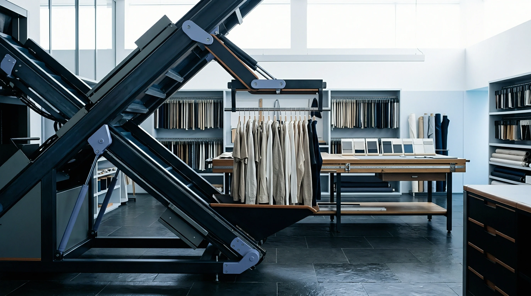 Robotic garment handling systems dominate this textile production studio alongside organized fabric swatches and workstations prepared for sample development and quality control.