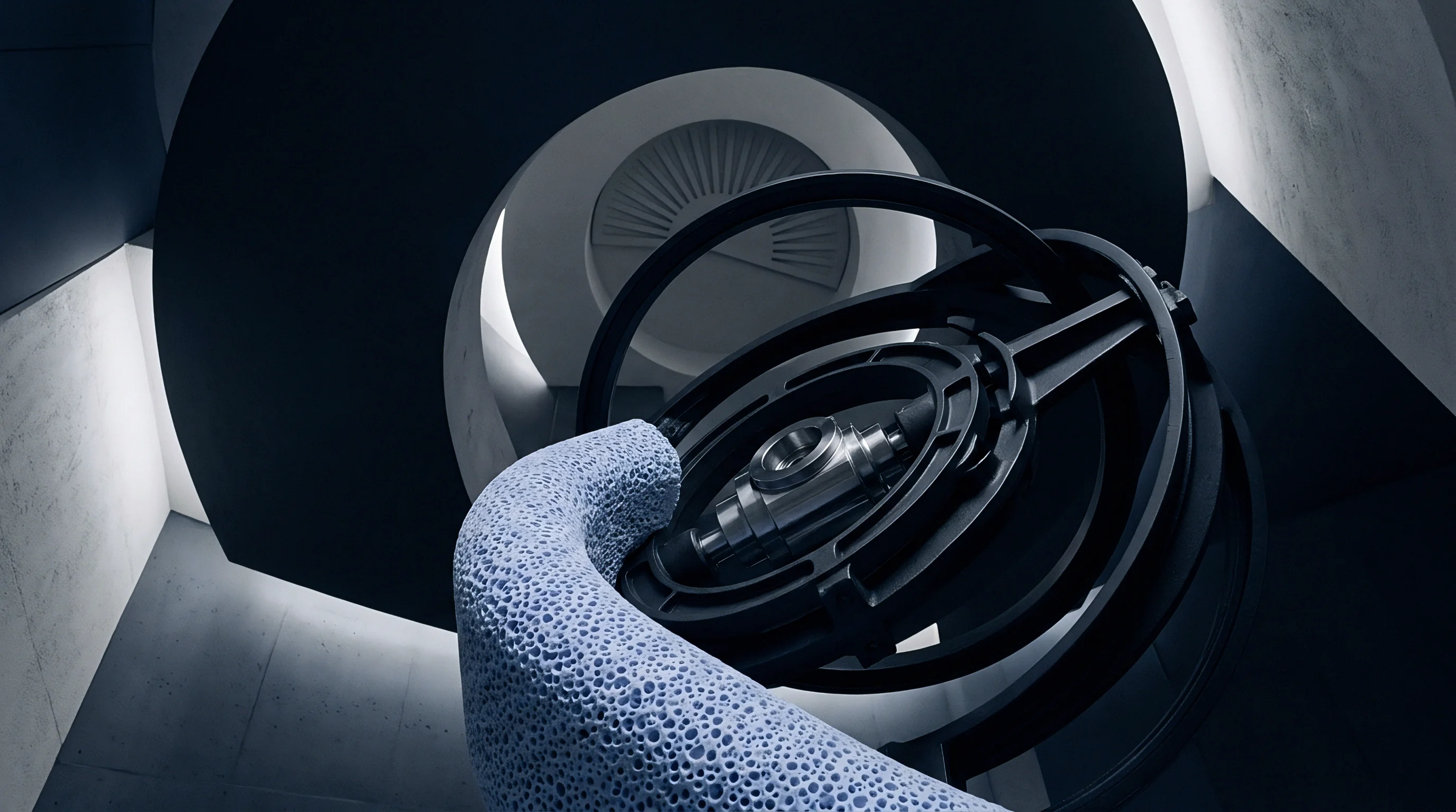 A rendered illustration displays an intricate light blue porous structure alongside a dark spherical industrial mechanism containing a metallic component.