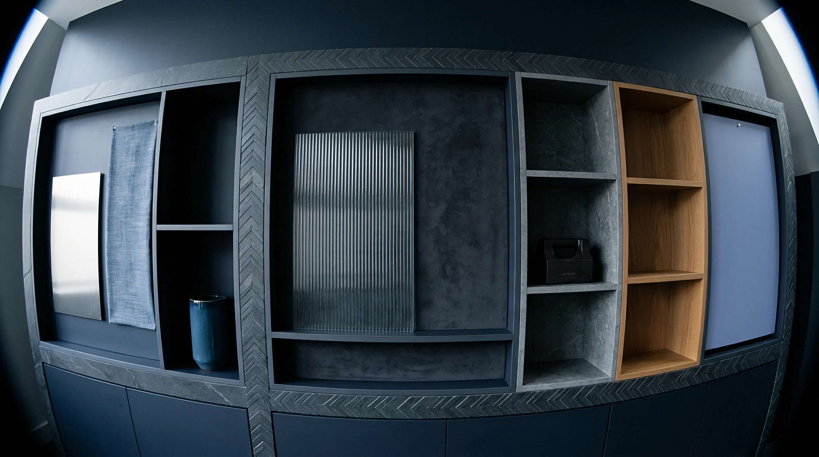 Material samples and finishes are arranged across modular wall storage units inside a commercial showroom display.