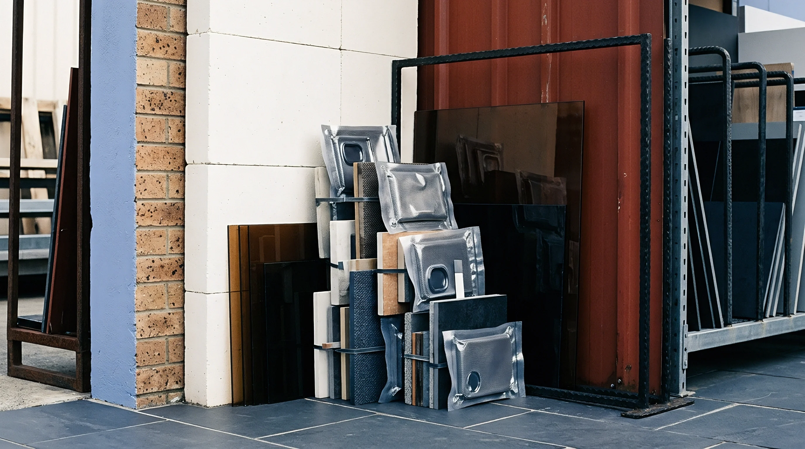 Architectural finish samples and packaged material panels lean against industrial warehouse walls in a commercial distribution showroom.