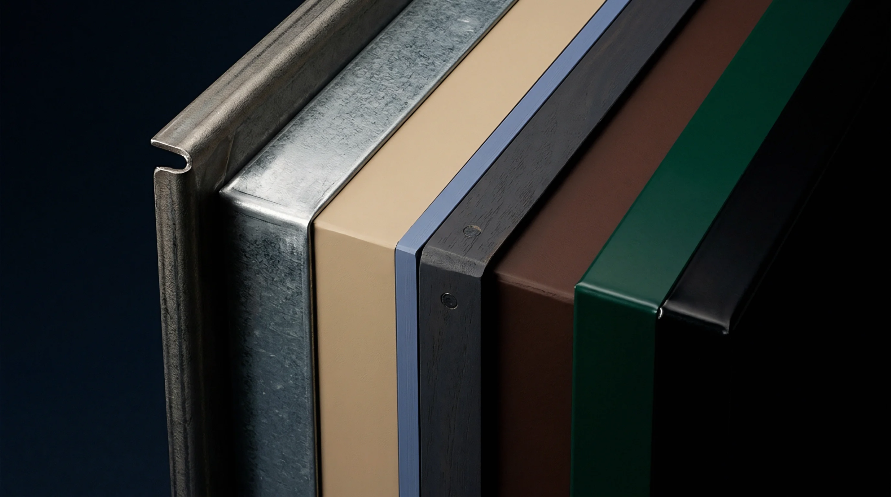 Stacked architectural metal profiles present diverse protective coatings and factory finished paint systems aligned sequentially for commercial distribution evaluation.
