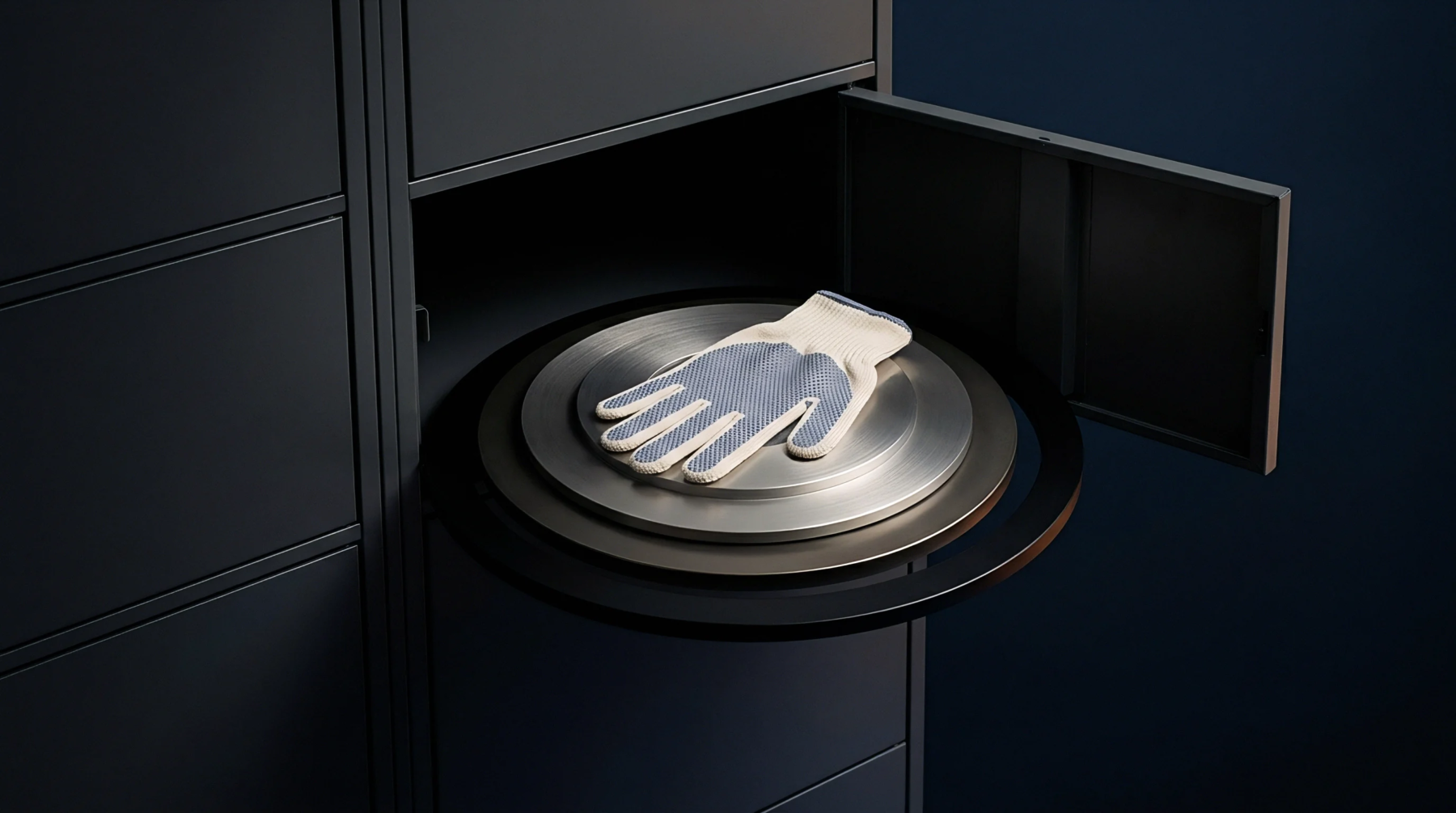 A single safety glove rests upon concentric steel discs inside an open compartment of a dark industrial metal storage cabinet.