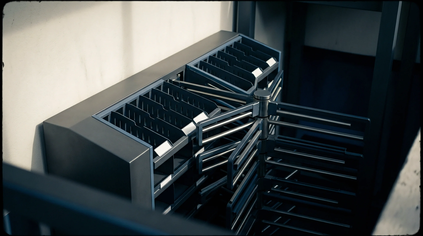 A metal automated dispensing turnstile sits next to empty labeled storage compartments in an industrial inventory distribution hub.
