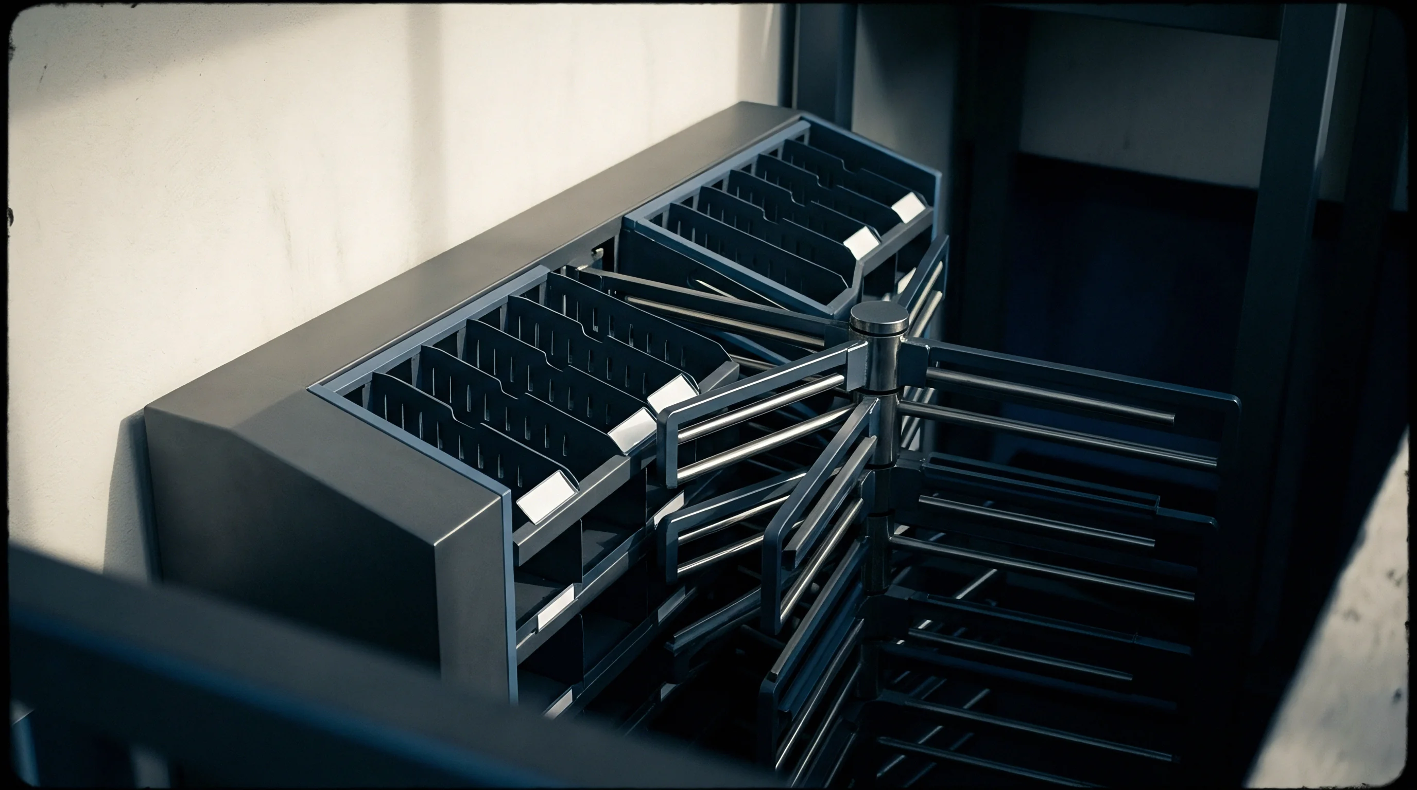 A metal automated dispensing turnstile sits next to empty labeled storage compartments in an industrial inventory distribution hub.