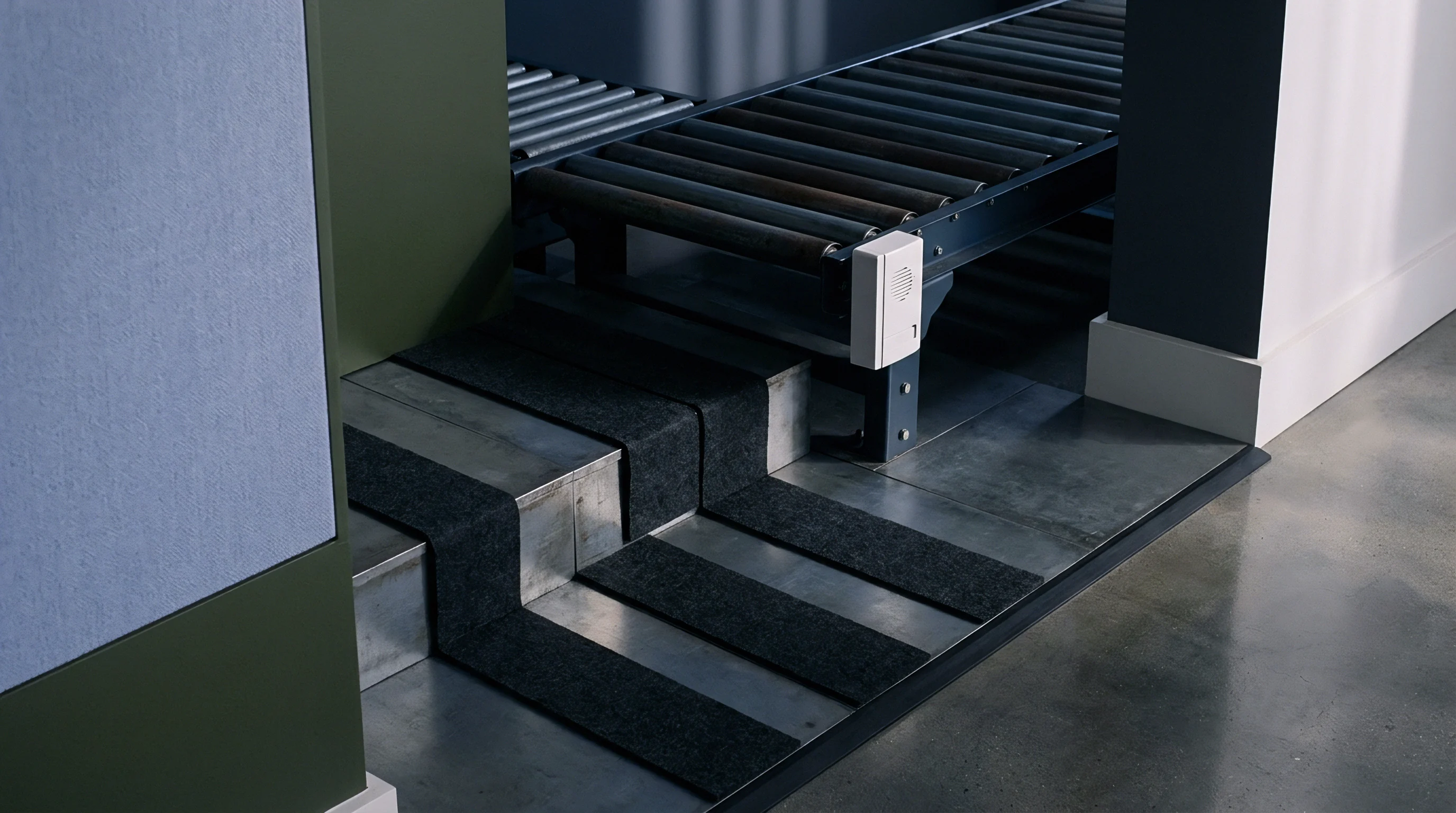 A low-angle view captures a roller conveyor system extending into a dark industrial space, with metal steps and dark anti-slip mats forming a pedestrian pathway.