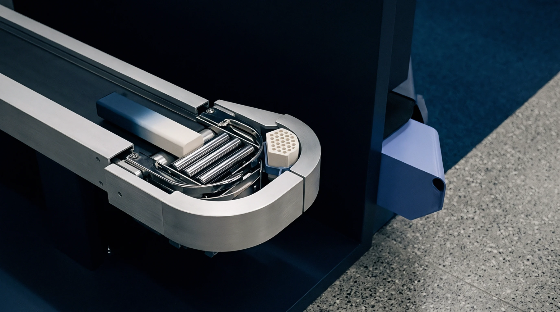 Stainless steel rollers and guide rails form a curved conveyor track guiding a rectangular component toward a honeycomb module inside an industrial sorting machine.