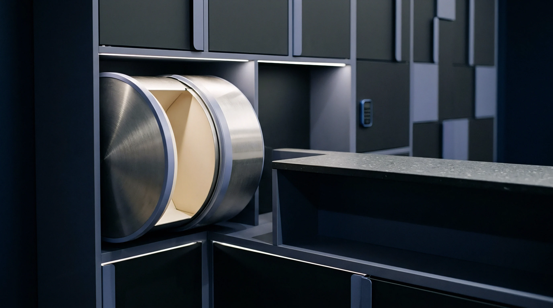 Modular dark cabinetry integrates an automated circular locker compartment with a metallic finish and illuminated interior shelving within a commercial interior space.