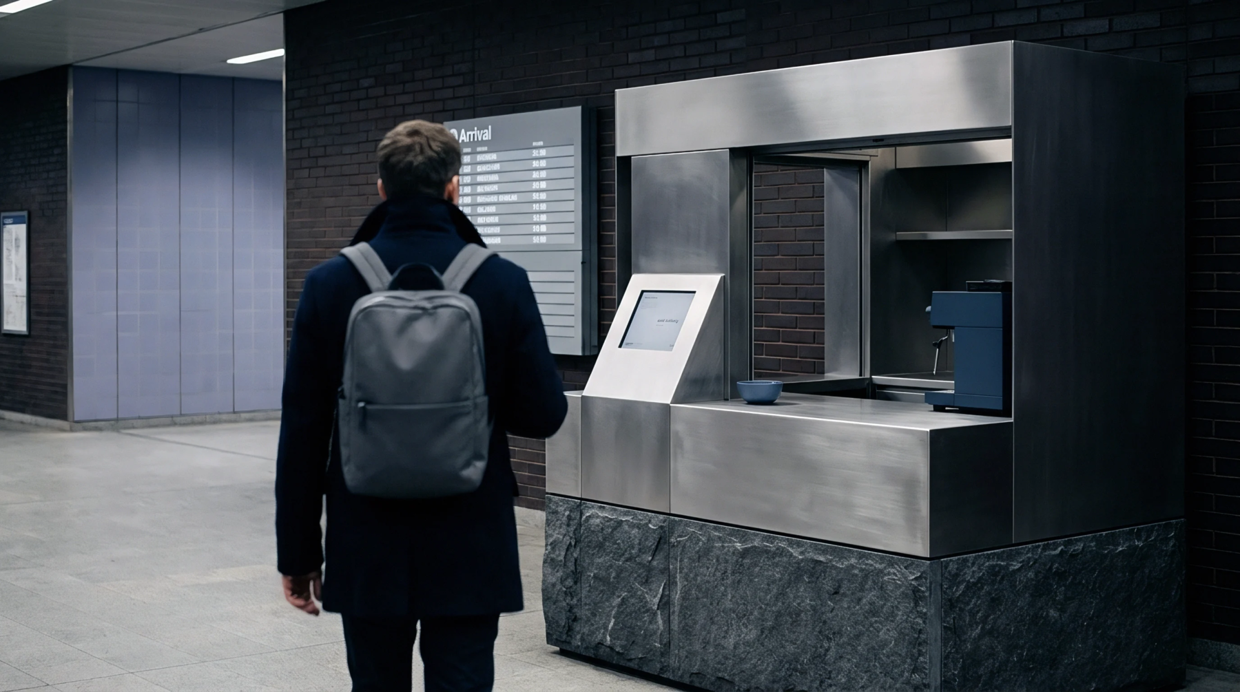 A commuter carrying a grey backpack approaches a stainless steel automated kiosk installed within a dark brick transit corridor.