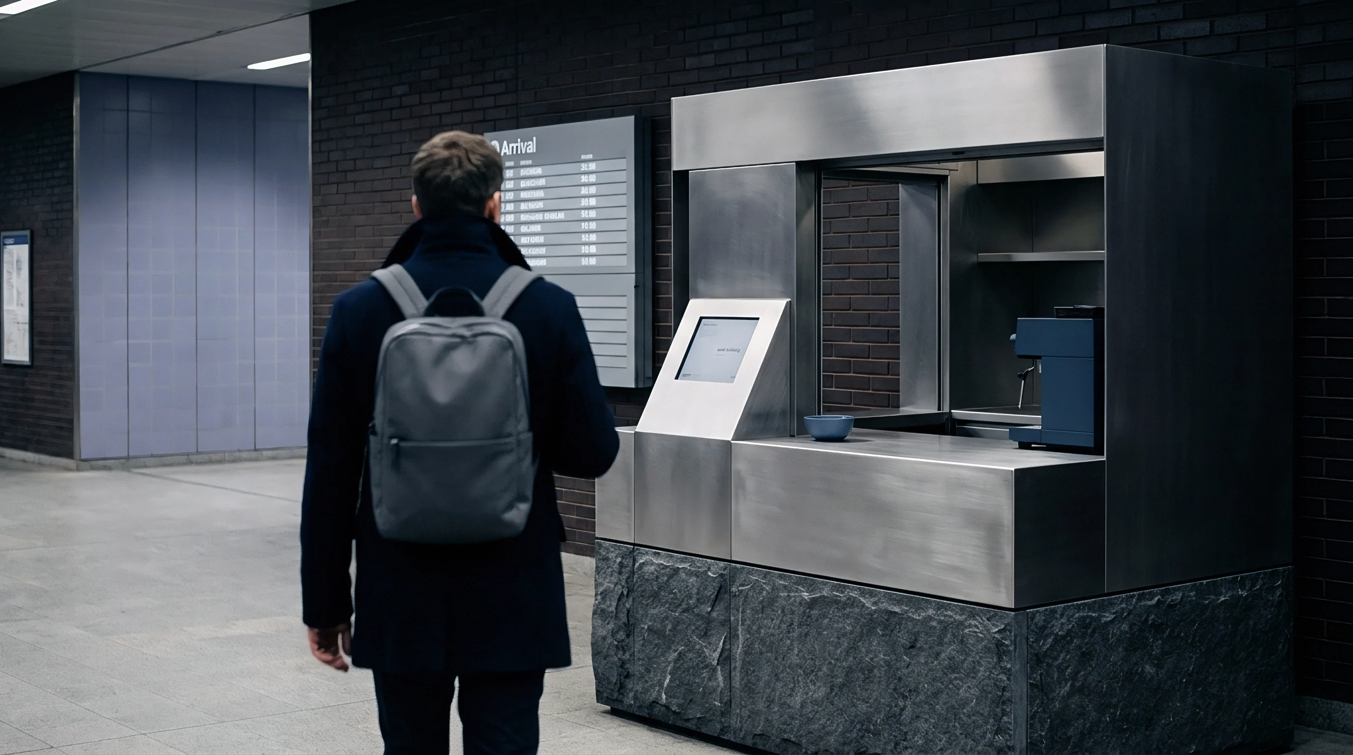 A commuter carrying a grey backpack approaches a stainless steel automated kiosk installed within a dark brick transit corridor.