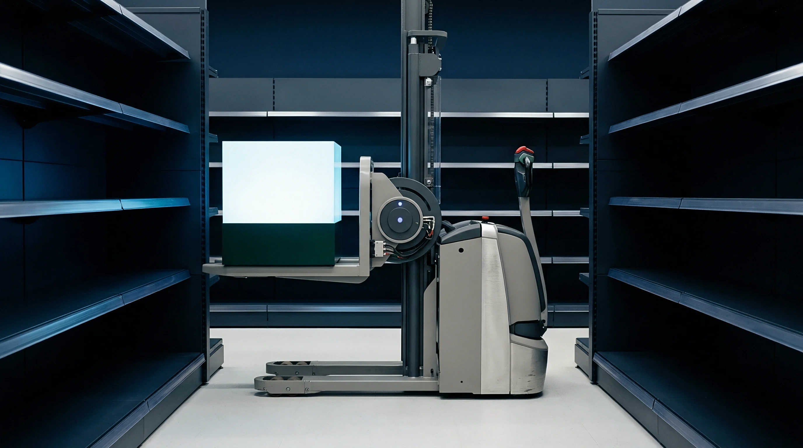 Automated guided vehicles position an illuminated modular container within a high density storage aisle between two empty industrial metal shelving units.