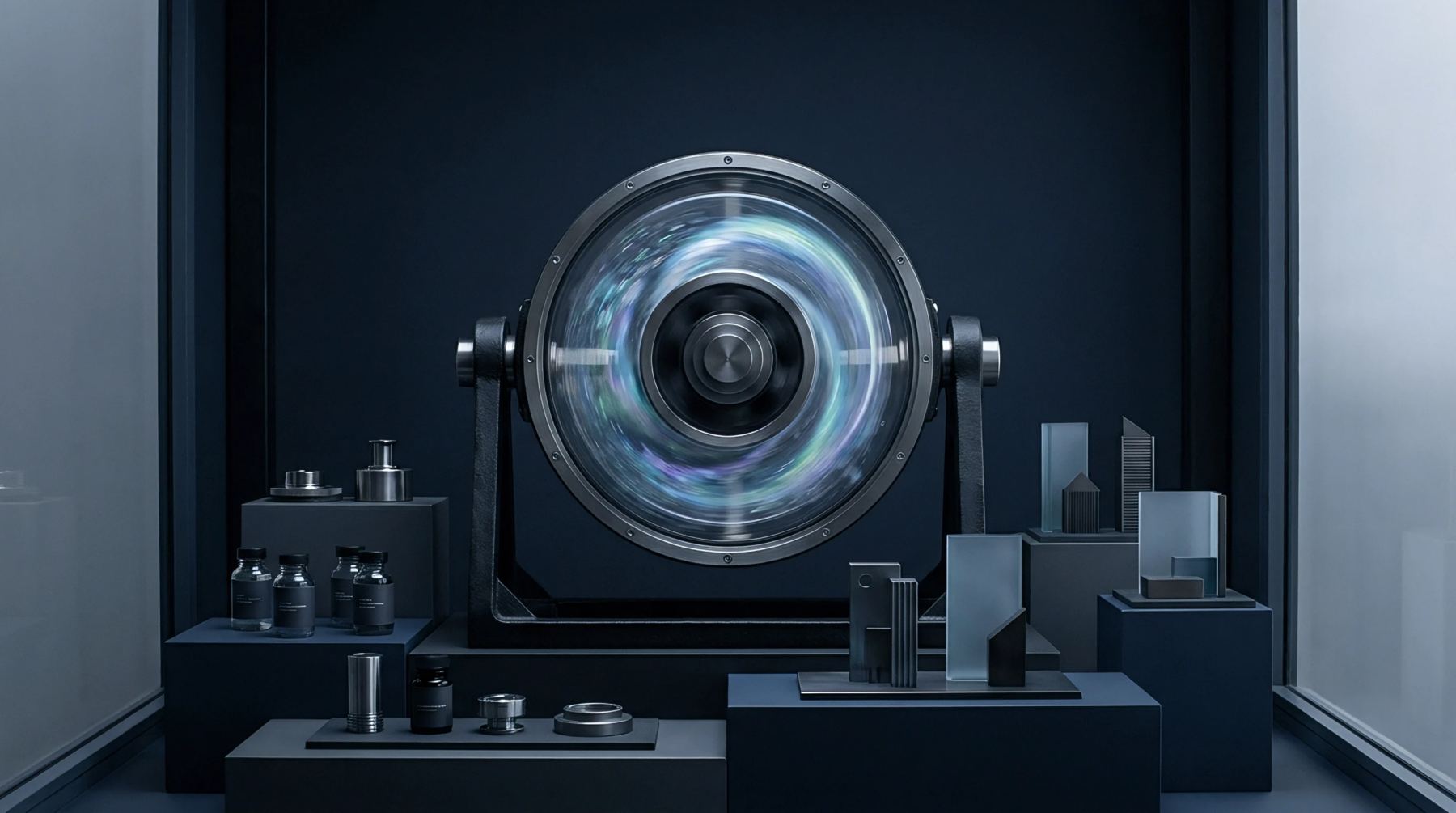 Centrally positioned metallic armature holding a rotating luminous vortex sits surrounded by small sample bottles and architectural model blocks inside a dark testing booth.