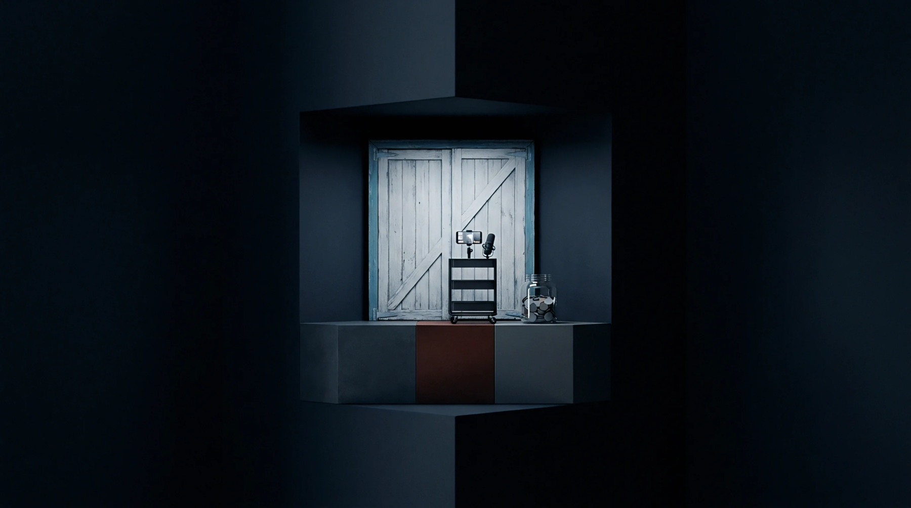 A minimalist digital render shows a mobile broadcasting trolley and a coin jar positioned before a closed white wooden barn door.