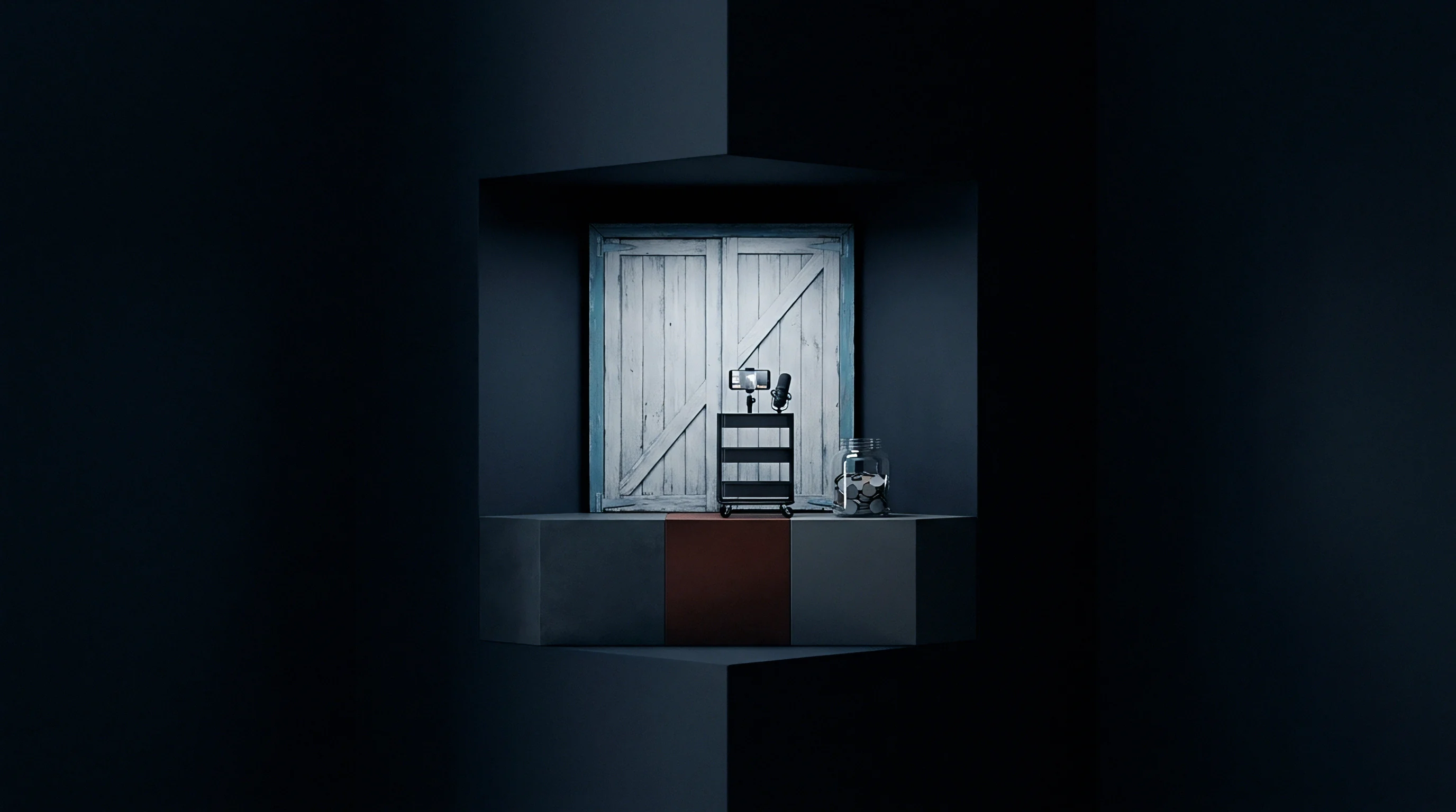 A minimalist digital render shows a mobile broadcasting trolley and a coin jar positioned before a closed white wooden barn door.