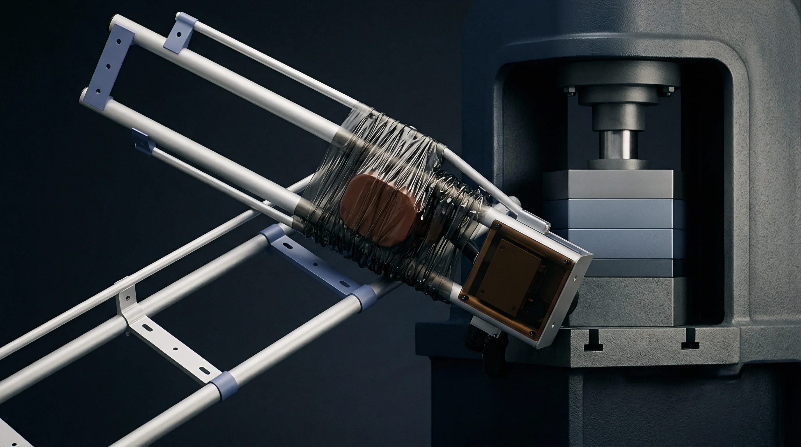 Digital render presents an industrial mechanical press applying downward pressure onto a secured metal component within a testing facility.
