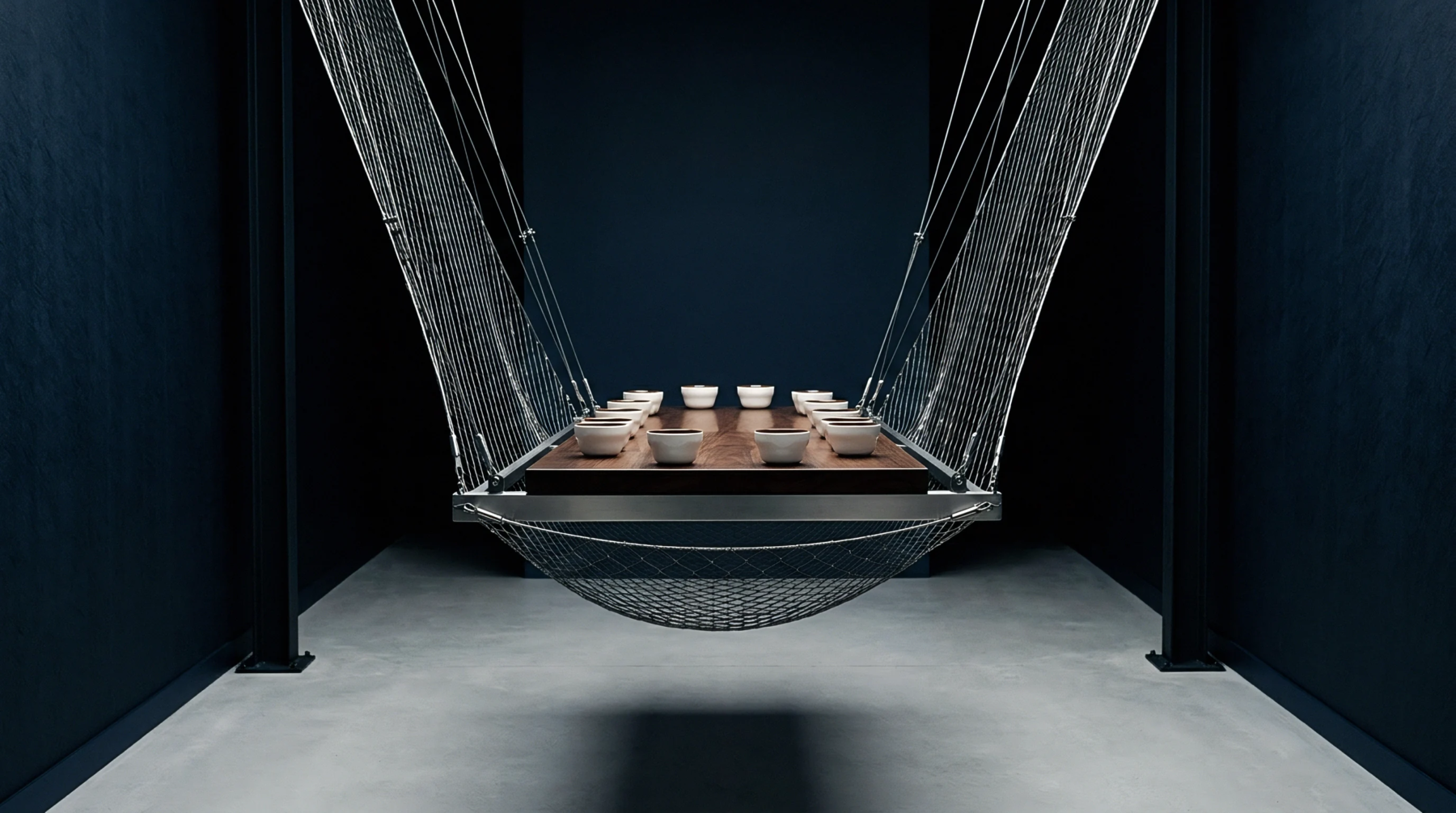 A three dimensional render shows a wooden table with ten small ceramic bowls remaining suspended by steel cables in a dark industrial space.