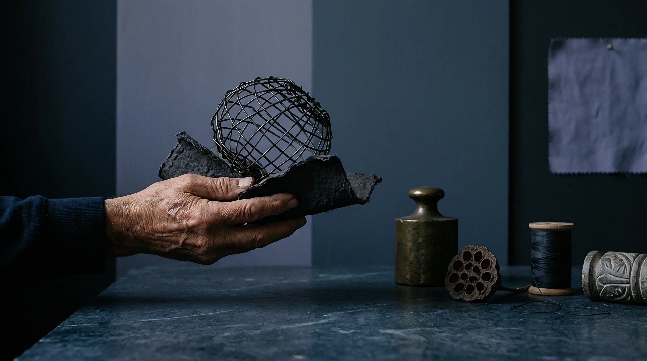 Dark molded cellulose and wire form a structural prototype held above a textured stone work surface in a dark studio.