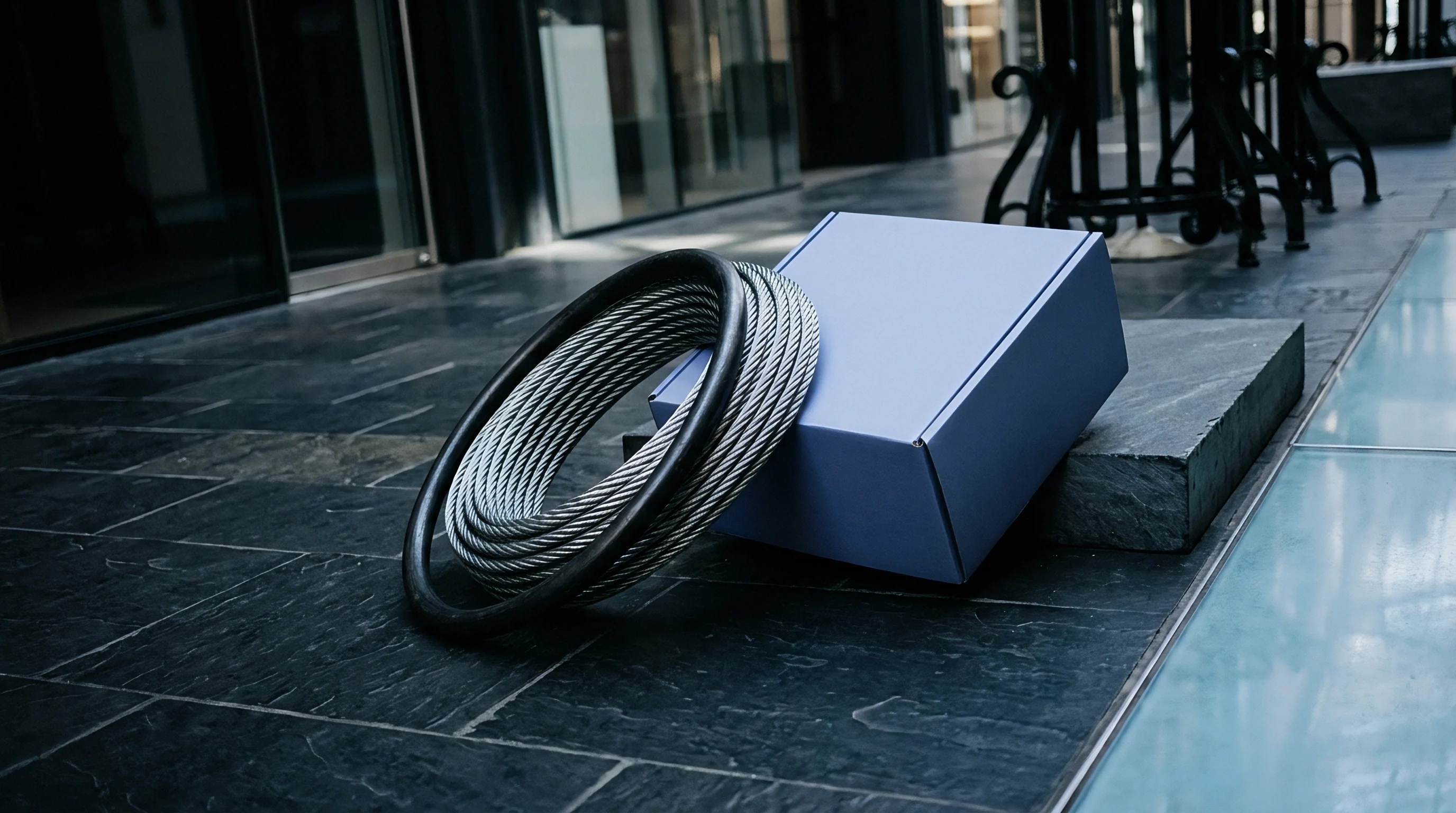 A heavy metal wire rope coil rests beside a blue cardboard shipping box on a dark stone industrial warehouse floor.