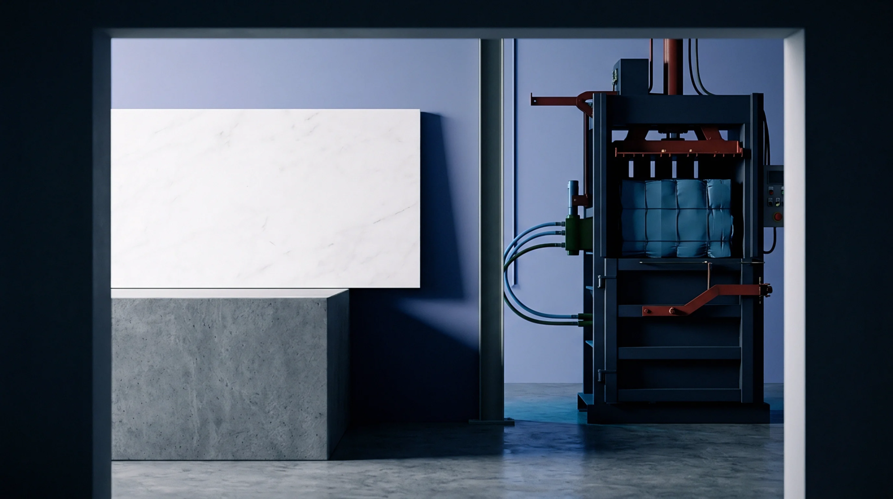 A hydraulic baling machine sits in an industrial room alongside a concrete plinth and a rectangular slab in this computer generated rendering.