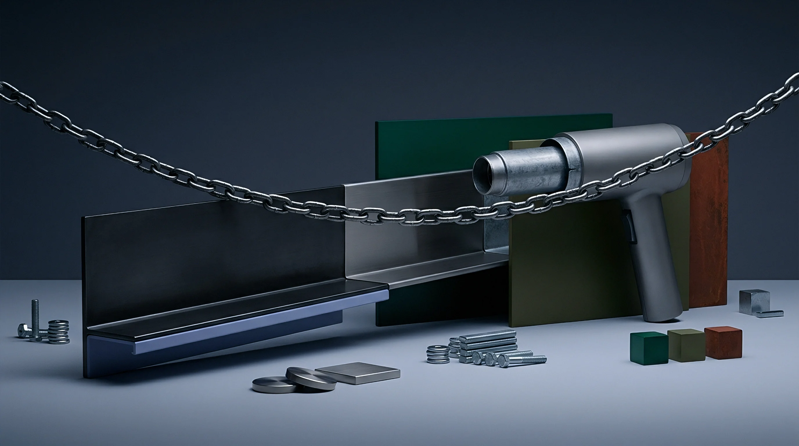 Digital render features structural metal profiles, threaded fasteners, colored blocks, and a pneumatic dispensing tool arranged on a flat studio surface.