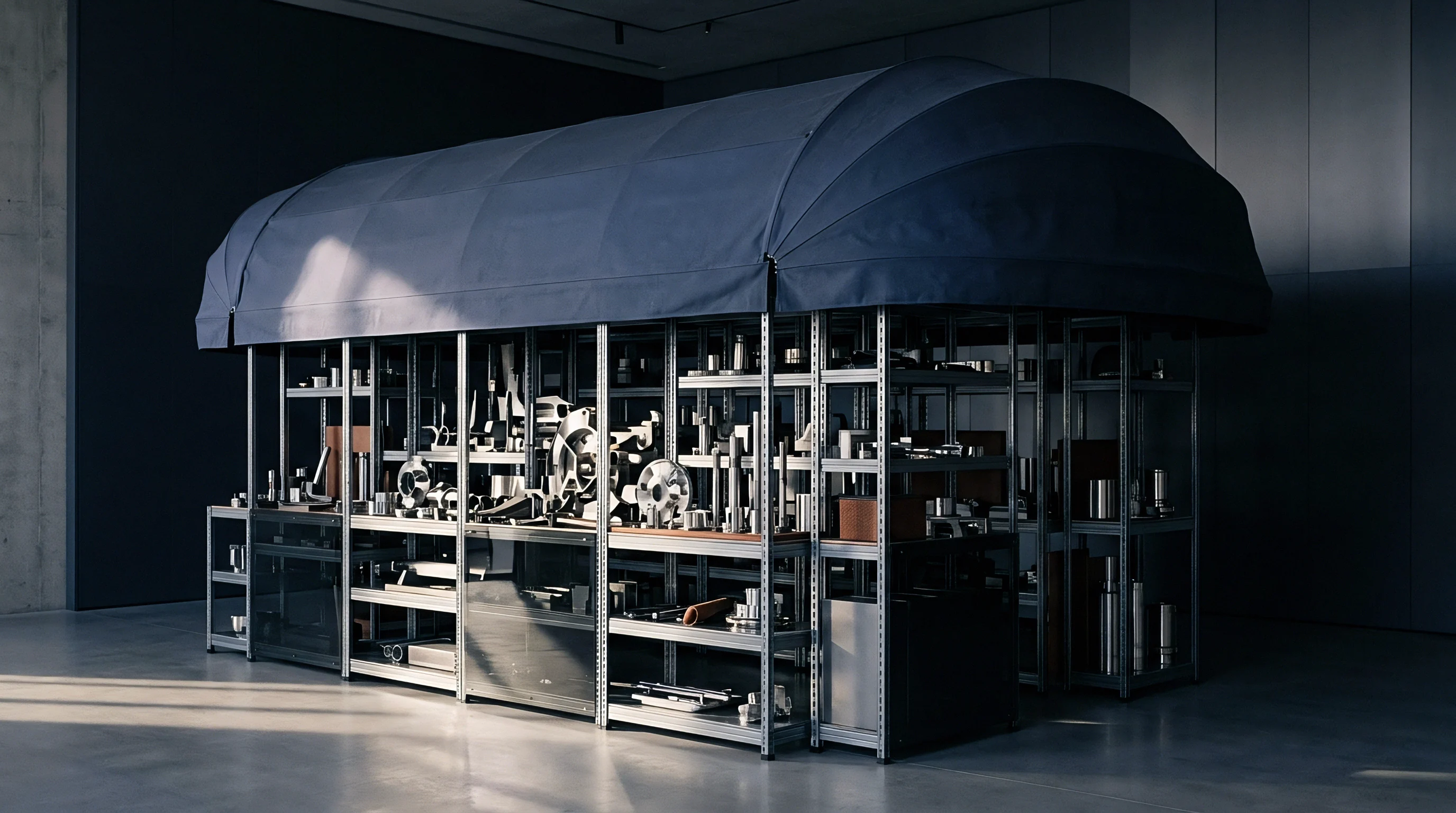 Metal machining components fill commercial steel shelving units arranged in a sparse warehouse setting beneath a large fabric weather canopy.