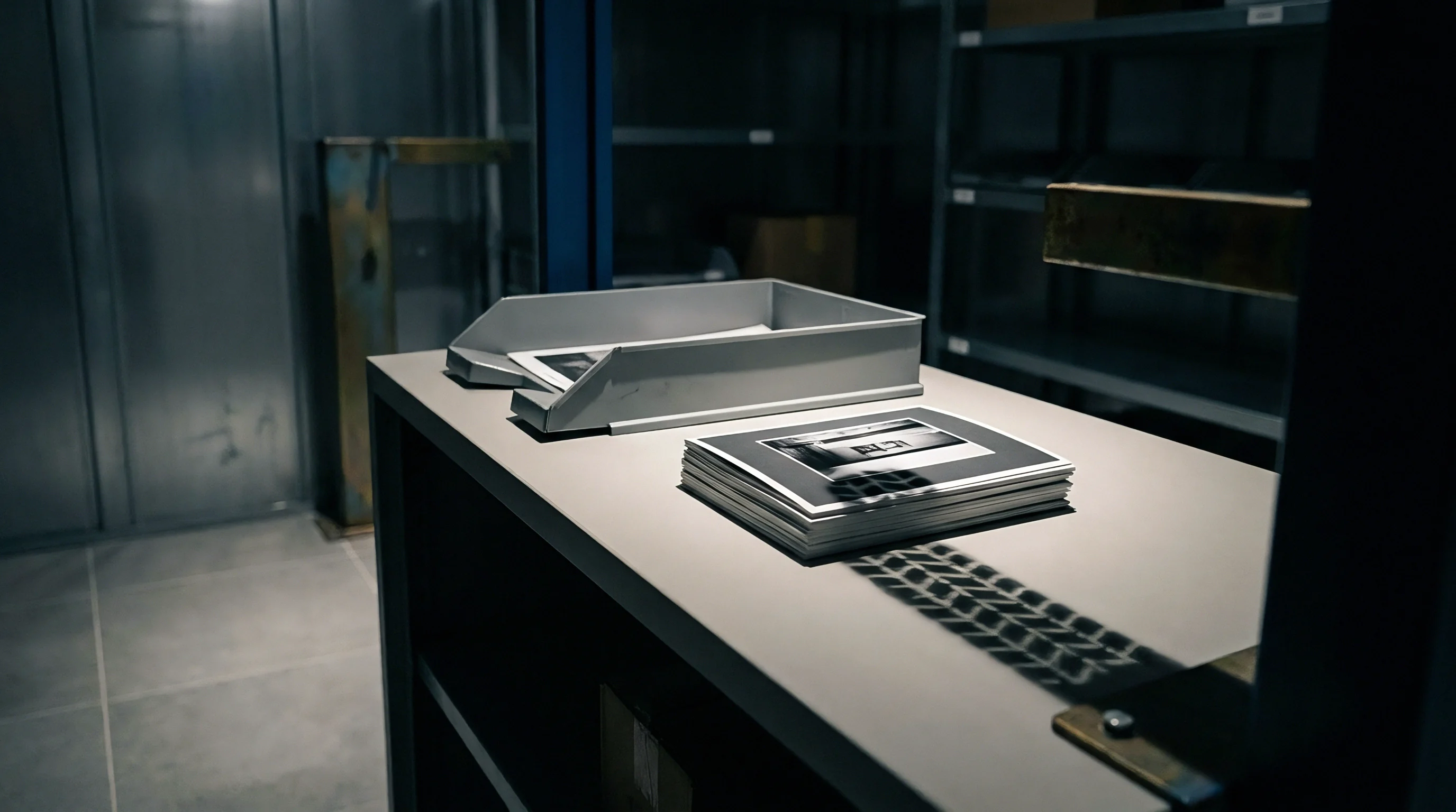 A stack of commercial product photographs rests beside metal document trays on a counter in an industrial archiving facility.