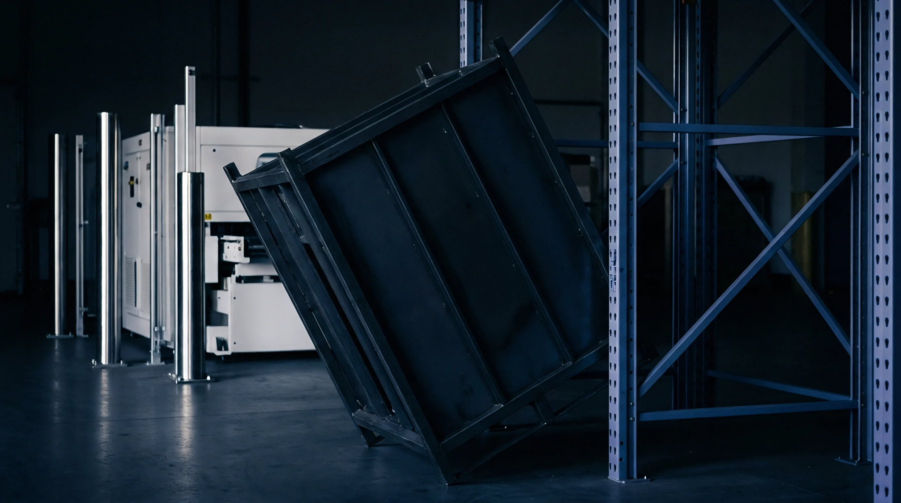 A heavy steel industrial container rests tilted against pallet racking inside a commercial distribution warehouse floor facility.