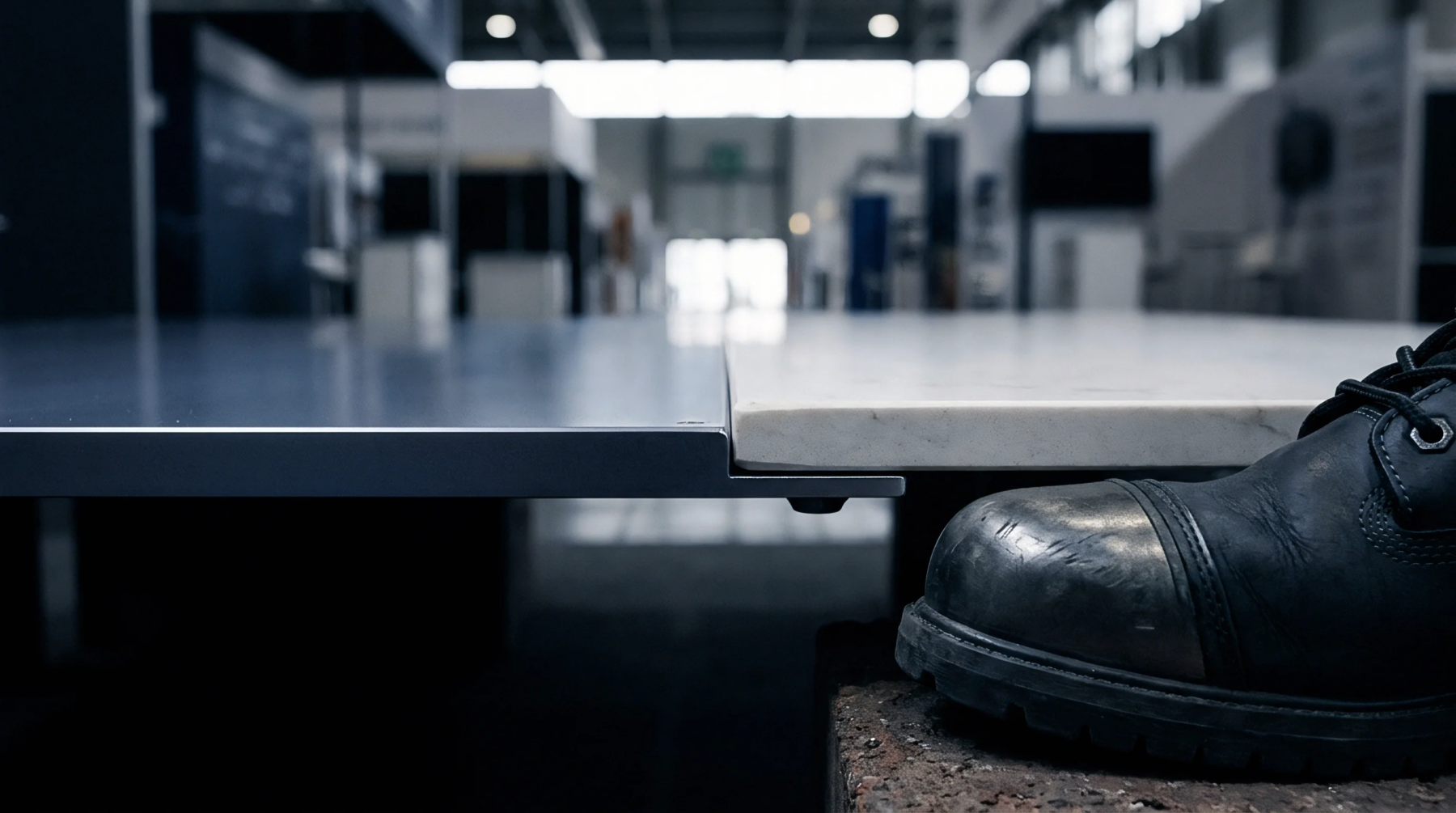 Precision fitted metal and stone slabs interface on an industrial workbench inside a brightly lit manufacturing facility alongside a steel toe safety boot.