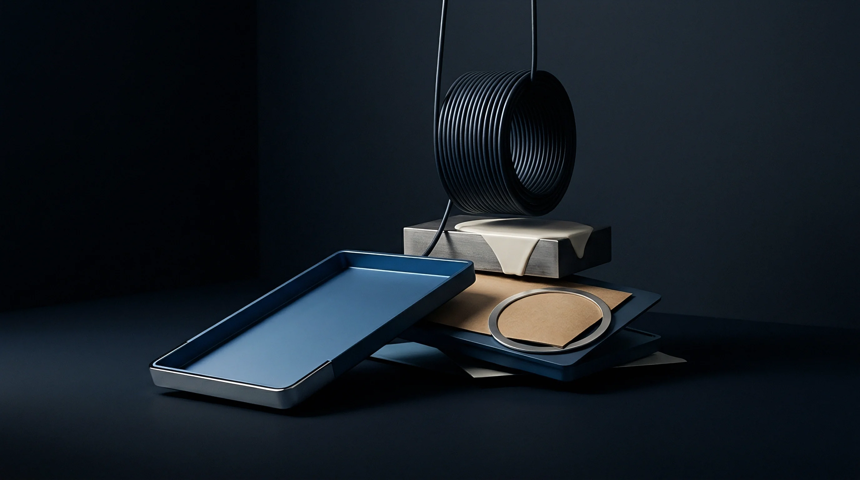 A digital render features a dark blue metal tray near a suspended black coil above viscous material on an industrial block.