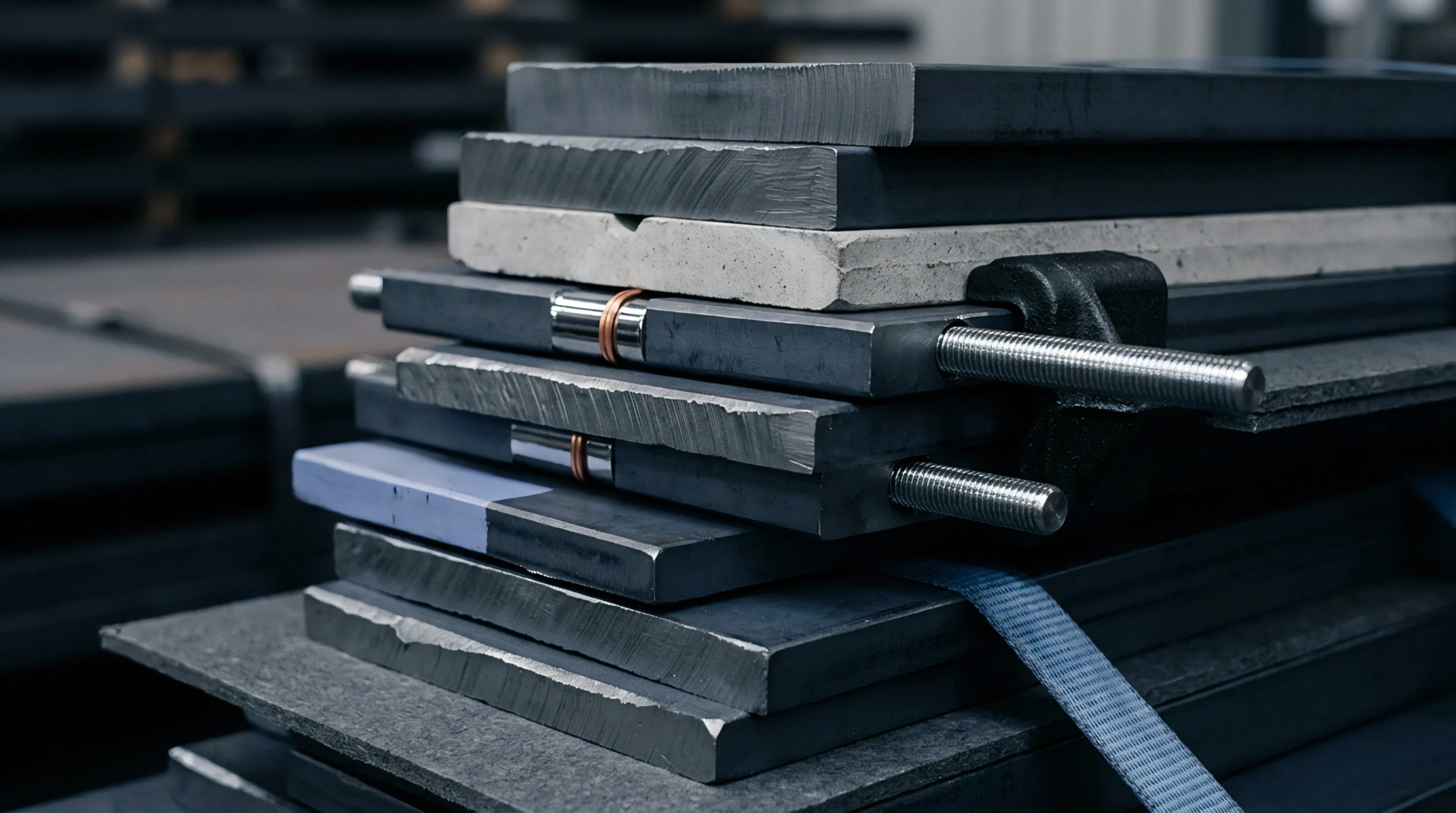 Stacked industrial plates of steel and composite materials rest atop one another alongside threaded rods and blue security webbing inside a warehouse.