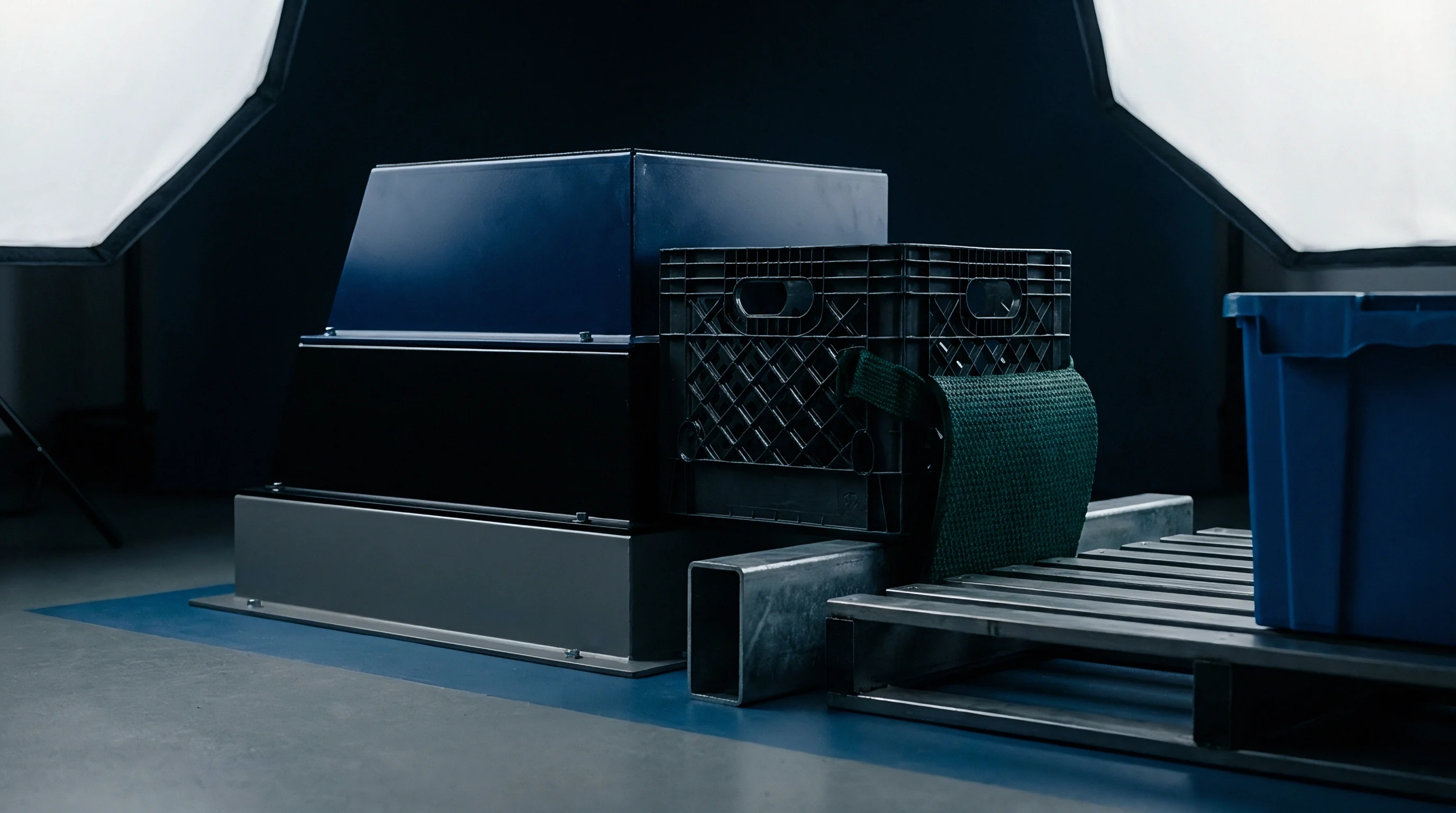 Stacked metal containers and plastic crates rest on steel pallets within a darkened studio illuminated by overhead softboxes.