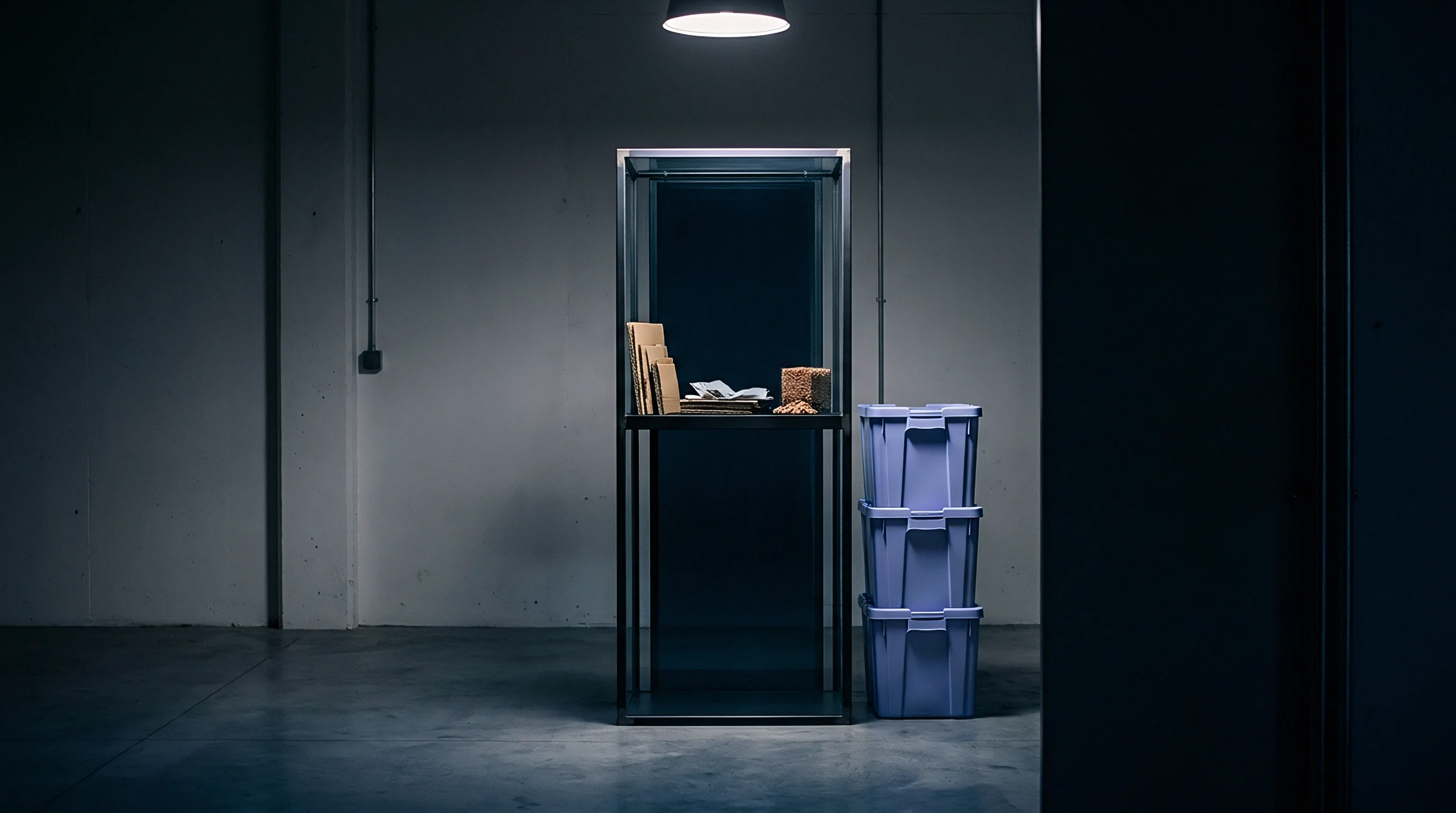 Industrial shelving holds paper packaging components alongside stacked blue plastic storage crates inside a dim concrete warehouse facility.