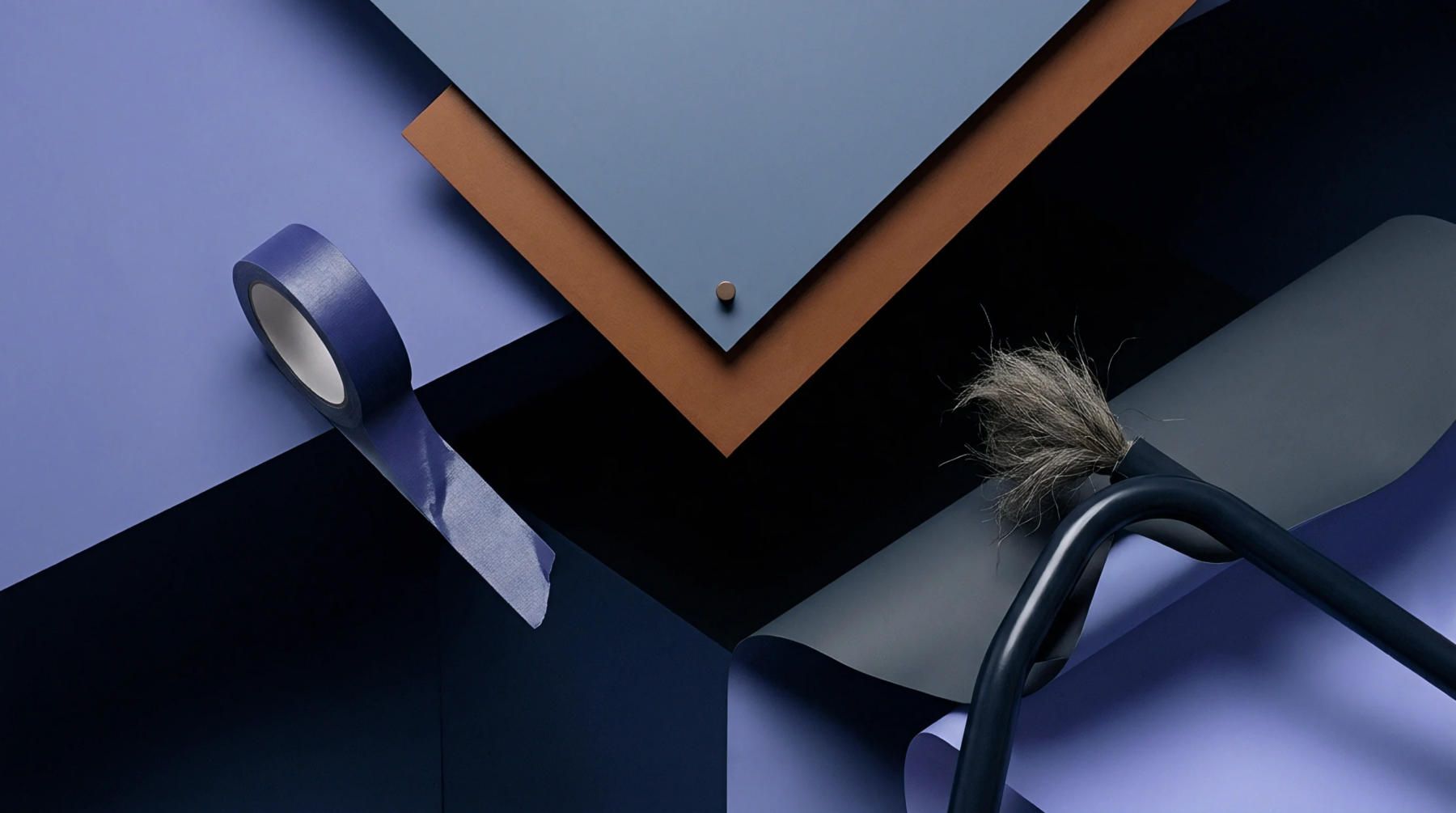 Industrial packaging materials featuring layered panels alongside adhesive tape rolls and a bristle brush populate a structured production workspace.