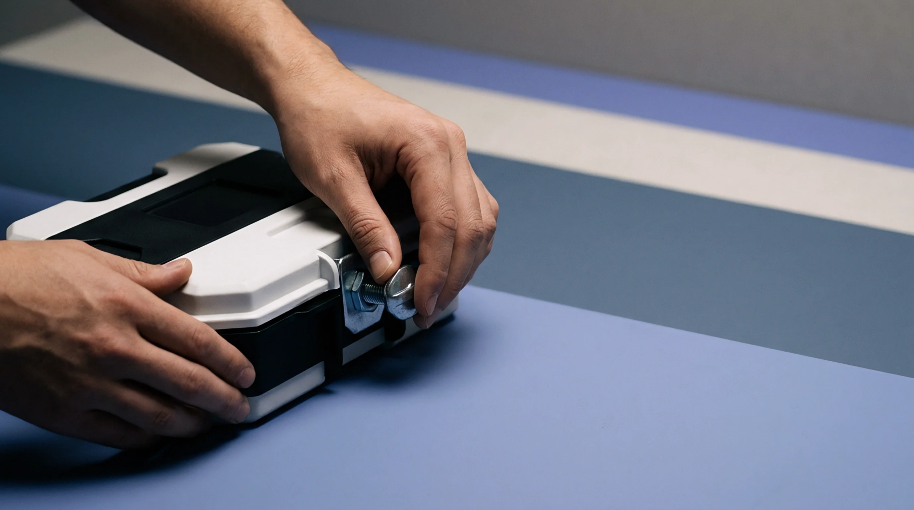 Worker hands install a heavy steel bolt into the side of a plastic industrial container resting on a blue striped table.
