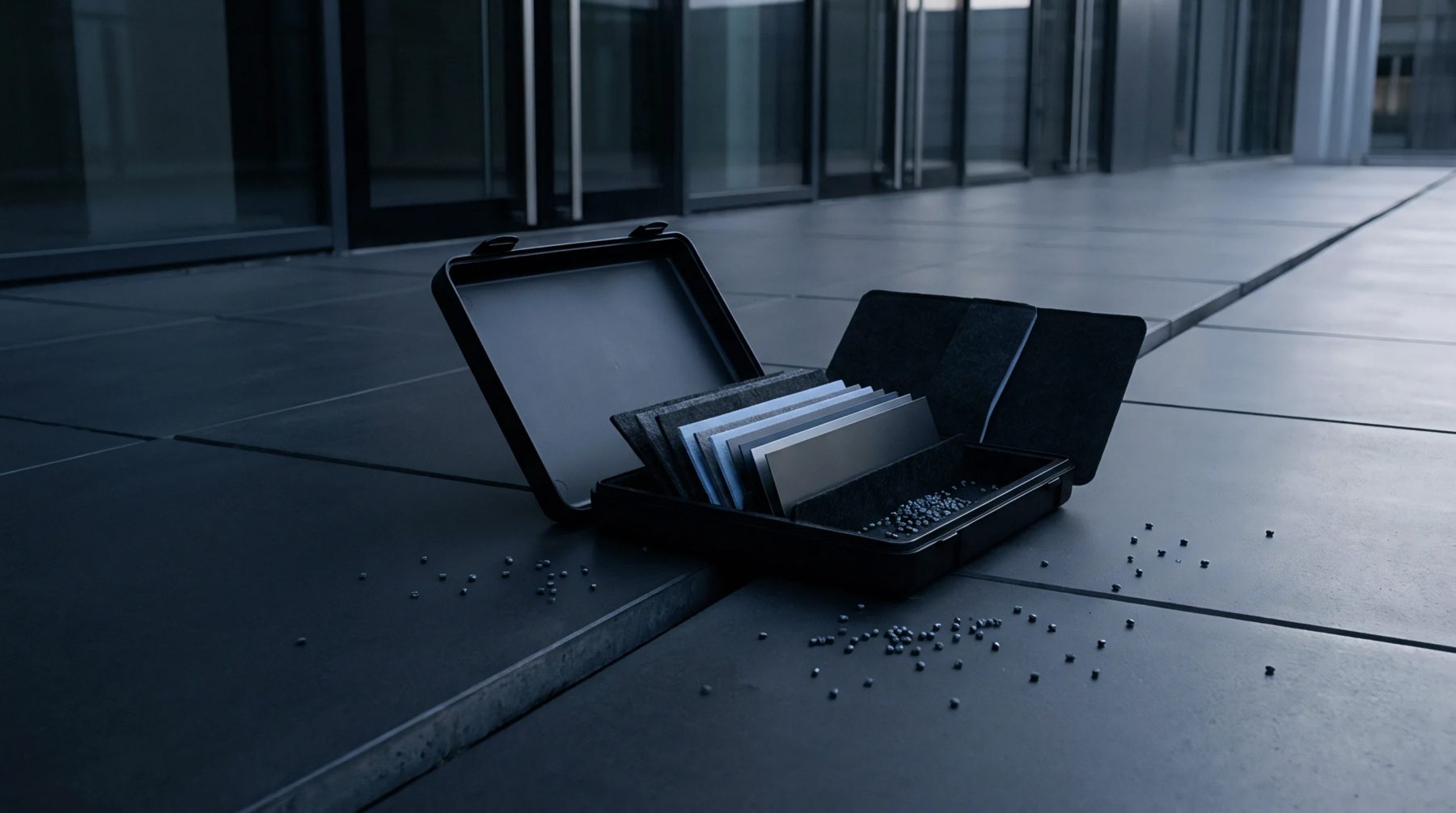 Open hard shell briefcase containing stacked material samples and scattered polymer pellets rests upon a modern grid patterned tiled floor surface.