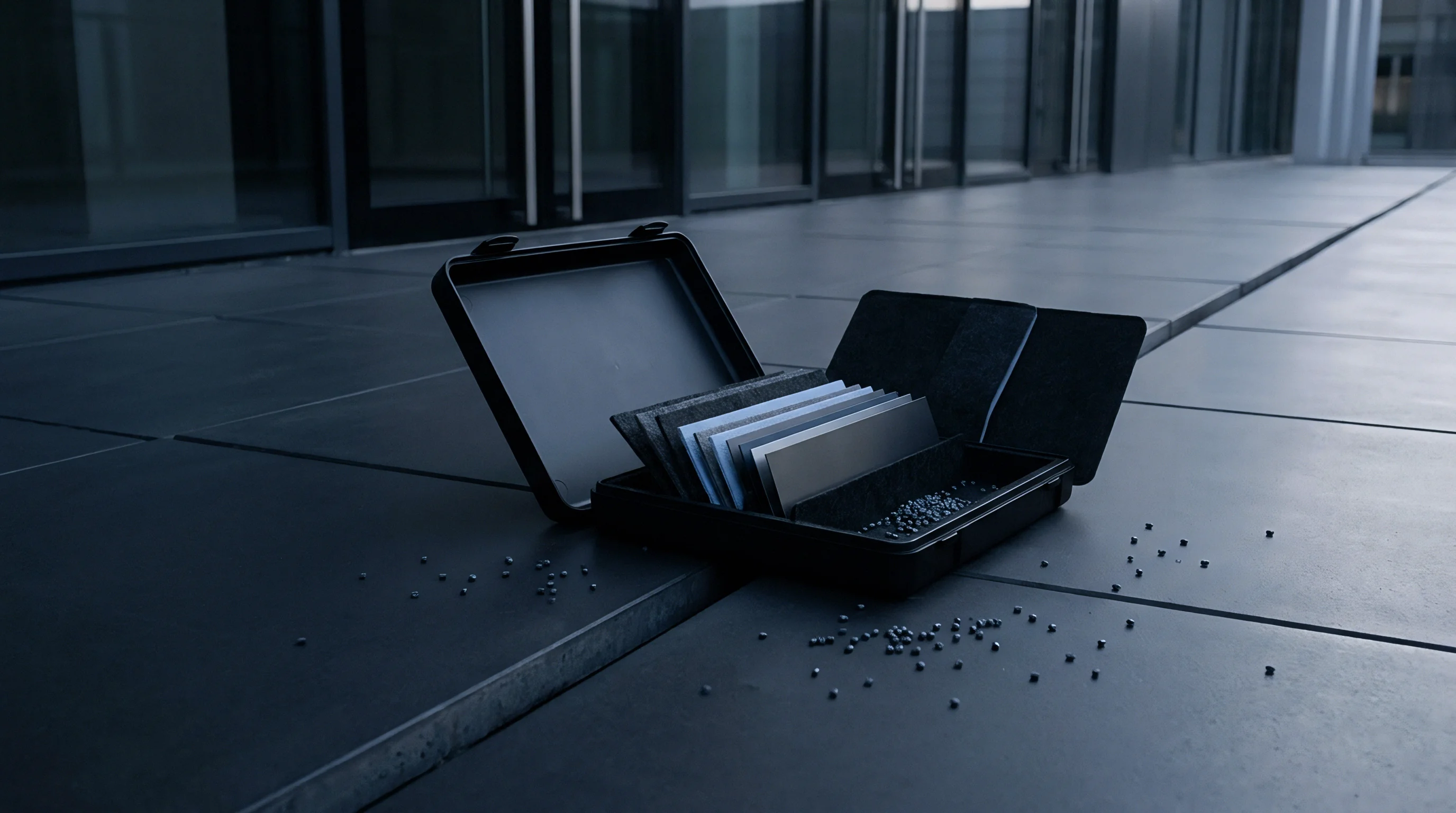 Open hard shell briefcase containing stacked material samples and scattered polymer pellets rests upon a modern grid patterned tiled floor surface.