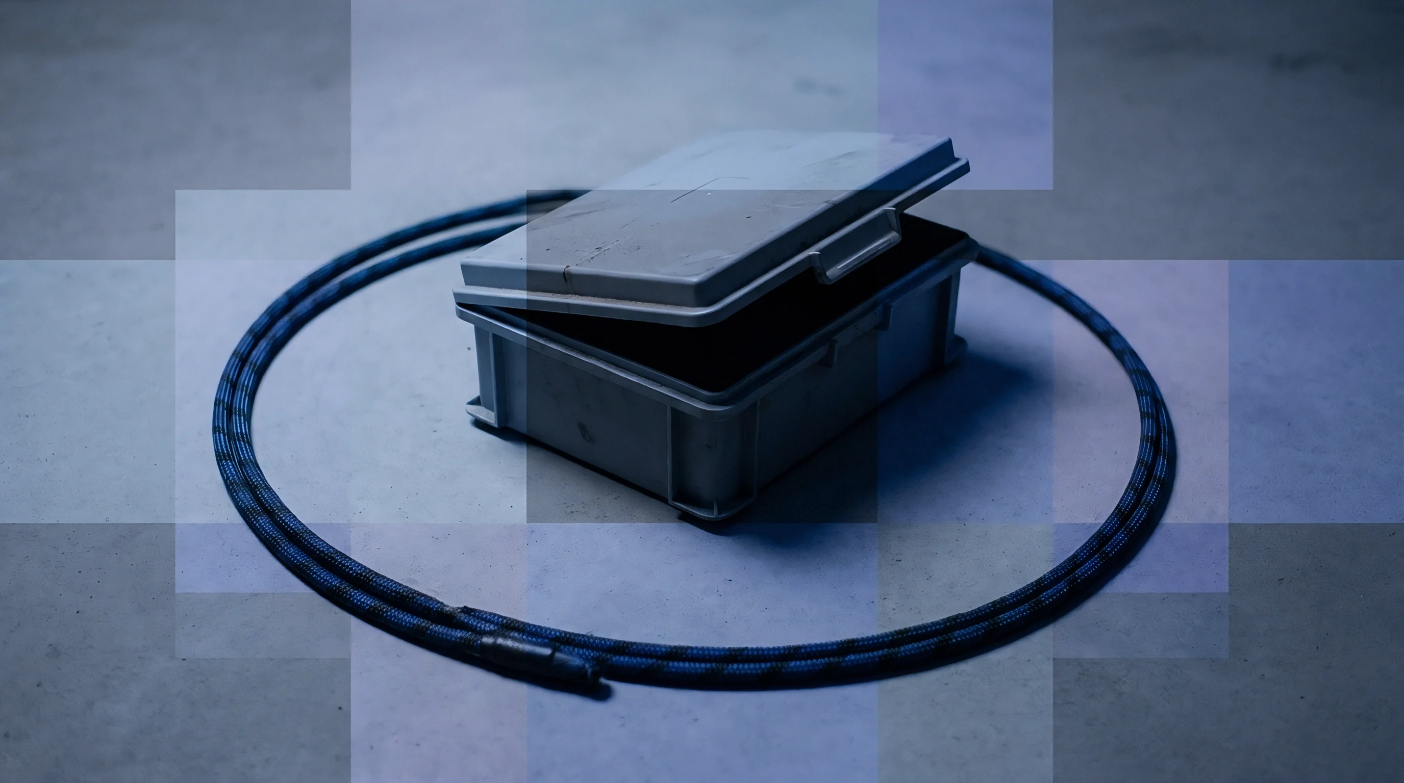 A grey plastic storage container with a partially open lid sits centered on a concrete floor inside a closed loop of braided cable.