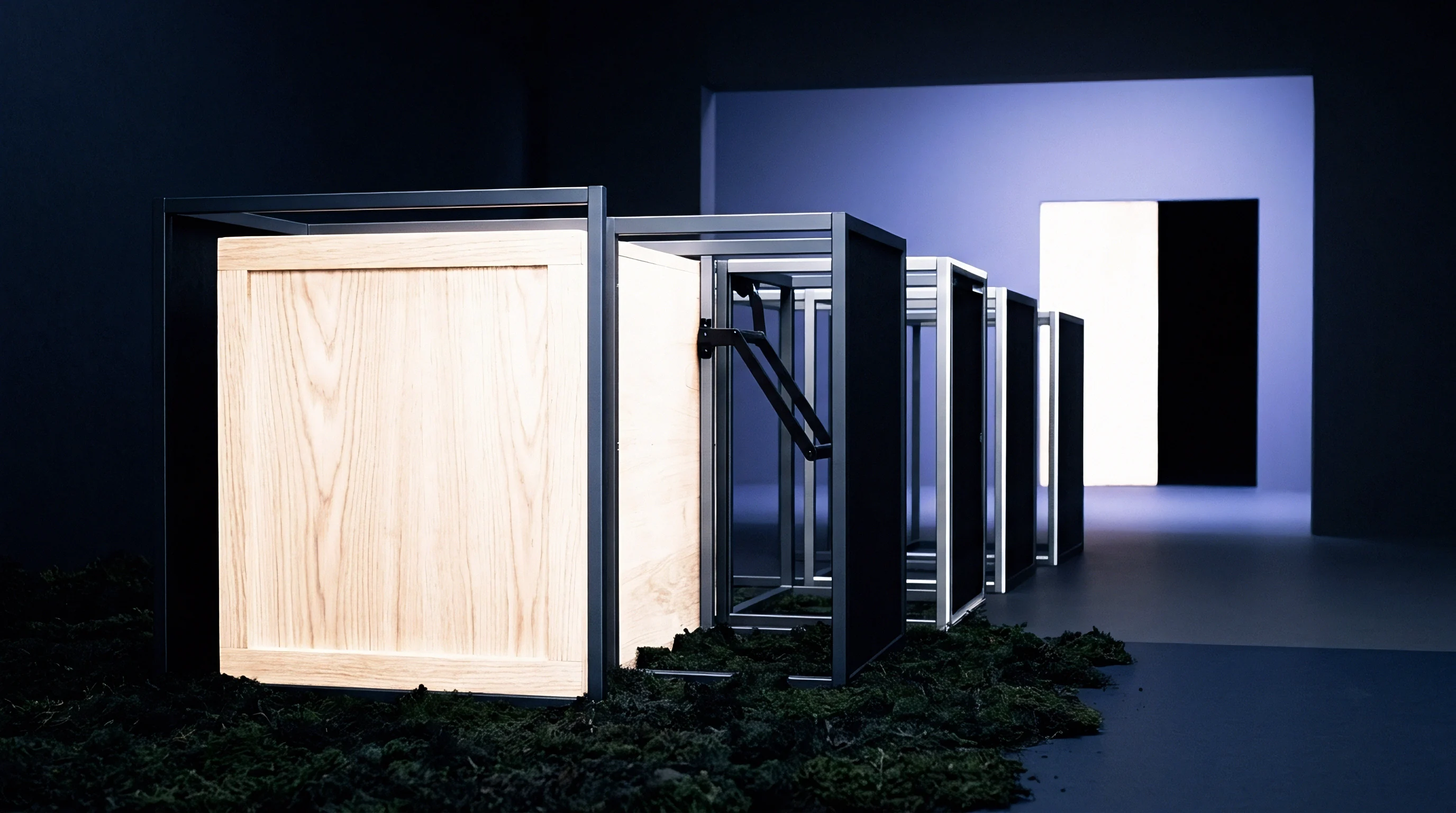 Wooden containers stand encased in dark angular frames atop textured organic ground inside a low lit industrial display or warehouse corridor.