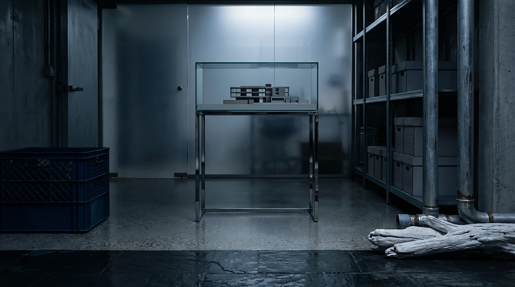 Prototype scale models rest inside glass display enclosures atop steel support furniture positioned within commercial inventory archives.
