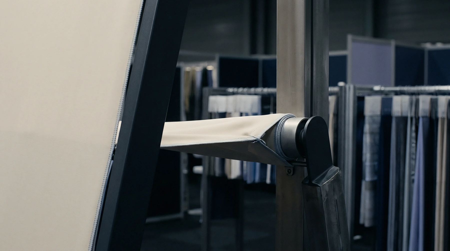 A light beige textile specimen attaches to a vertical metal frame using a zipper assembly within a commercial showroom or factory.