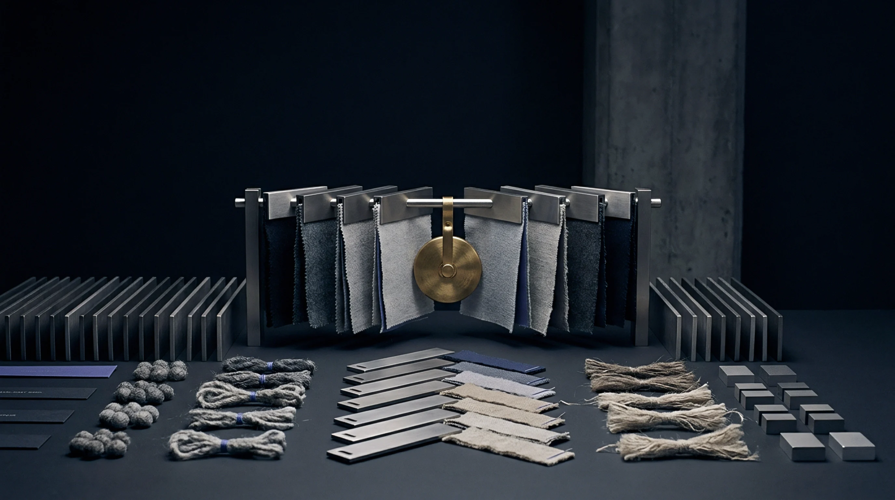 Metal display racks hold fabric swatches alongside organized textile samples and brass weights on a dark industrial work surface.