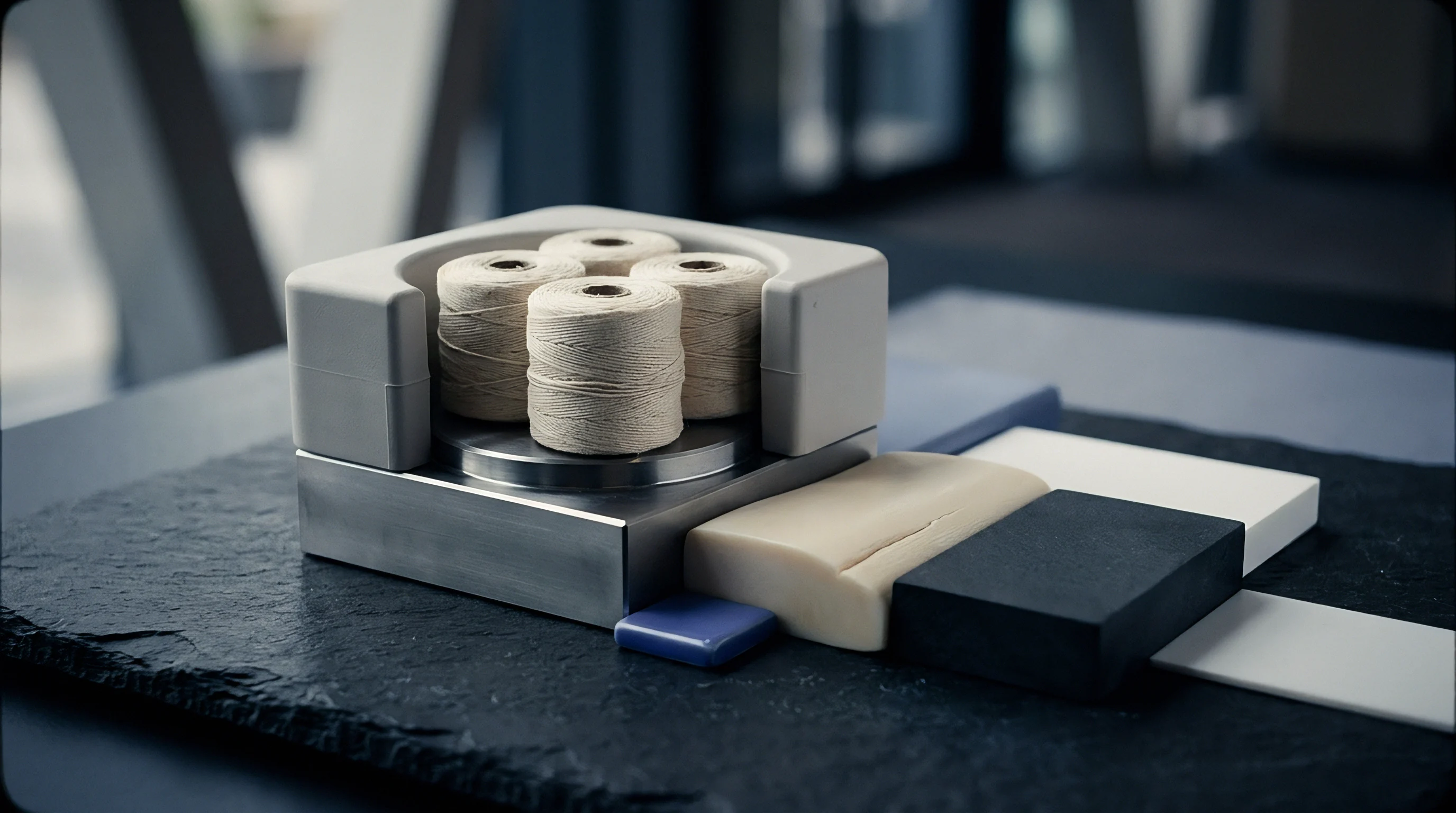 An industrial metal feeding mechanism digital render holds four white thread spools adjacent to varied material blocks on a textured stone surface.
