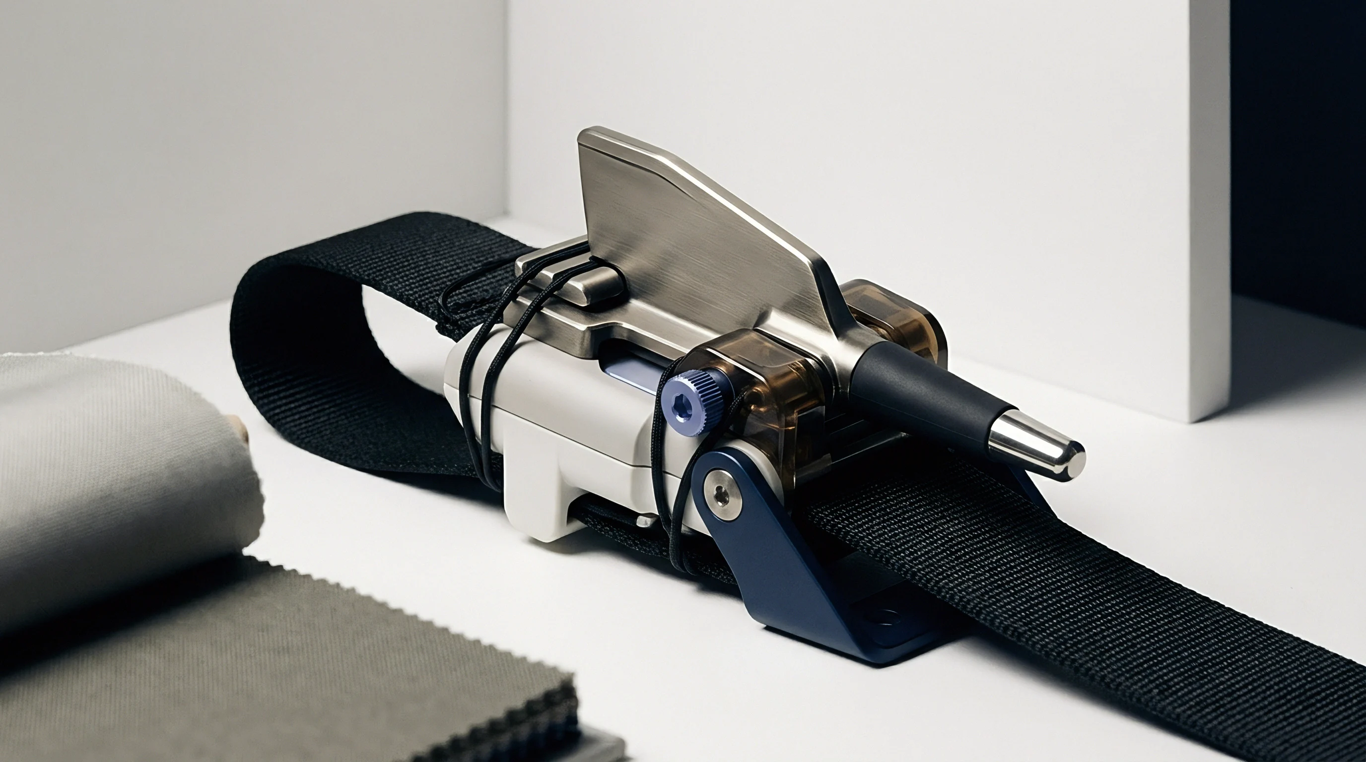 A precision engineered industrial latching mechanism with a woven strap is presented on a white surface alongside fabric samples.
