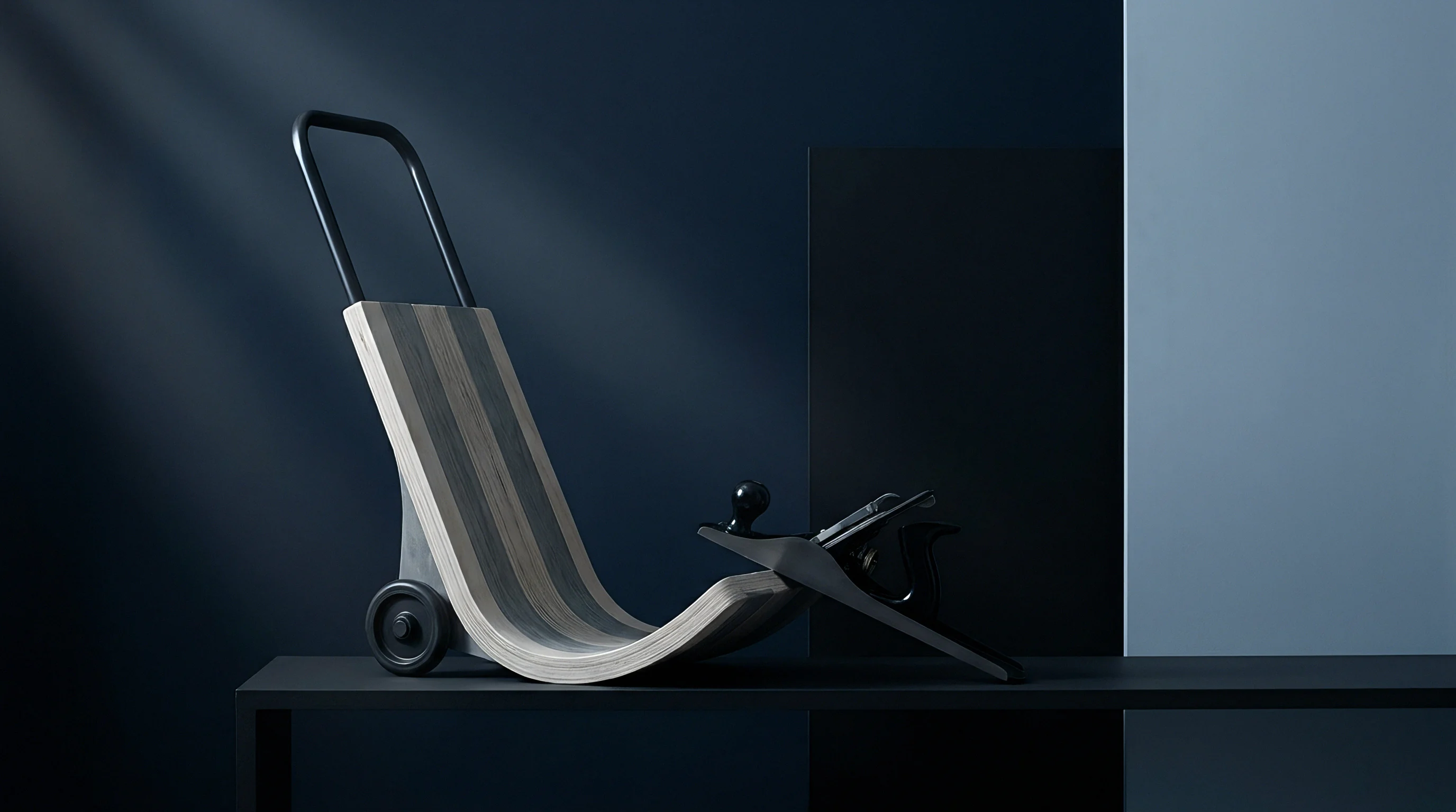 A curved laminated wood material handling structure with a dark metal handle and wheel is presented alongside a traditional woodworking plane.