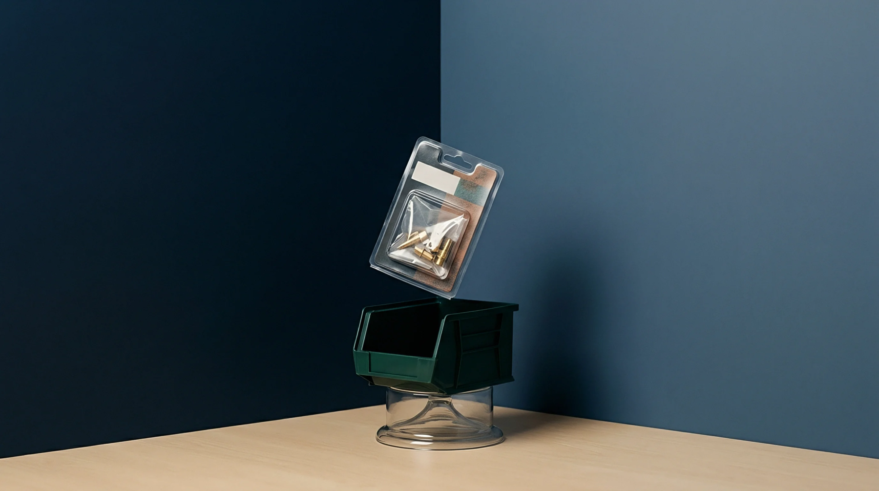 A small industrial storage bin rests beneath a suspended blister pack containing metallic machine components on a minimalist studio set.