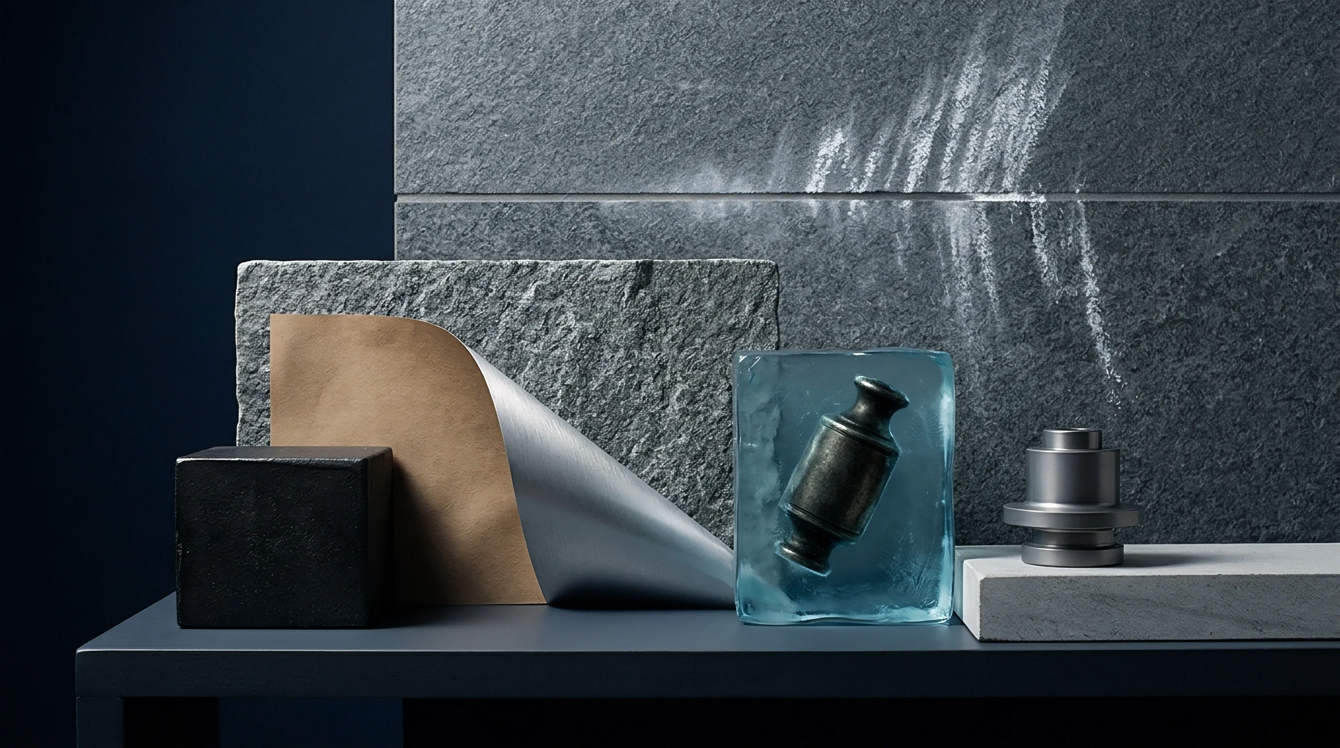 Rough slate slabs, metallic industrial components, and textured packaging materials rest on a dark surface in this studio composition.