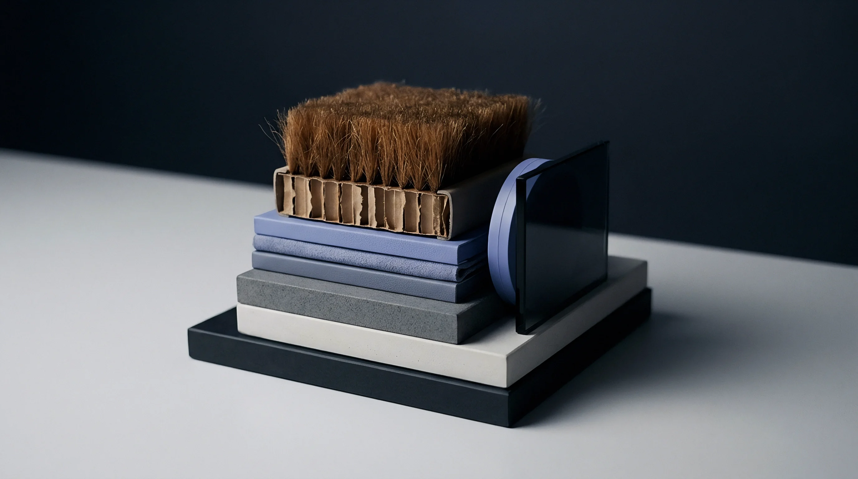 Various layered material samples including textured brush components, corrugated board, textiles, and composite slabs rest upon a dark presentation base.