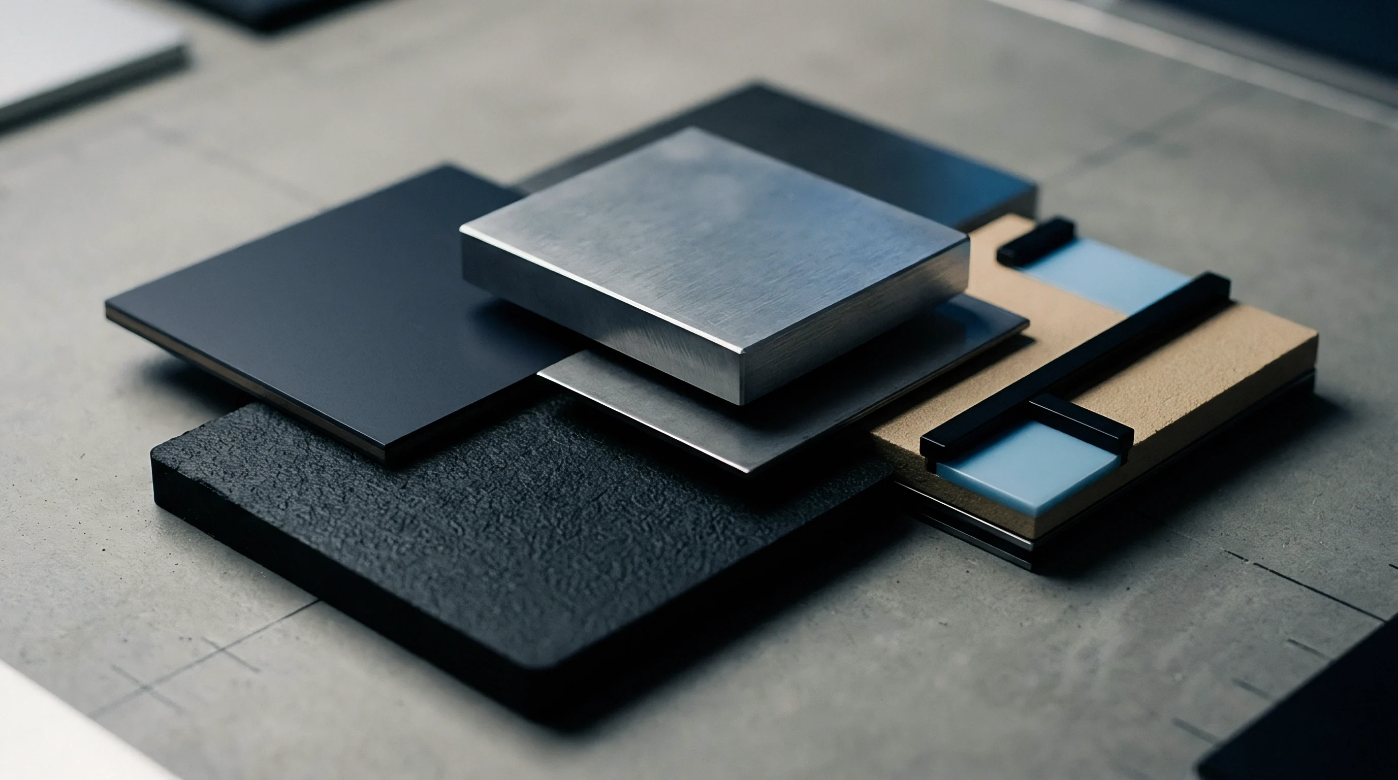 An array of material samples including brushed metal, textured polymer, and wood composite blocks sits on a grey concrete surface.