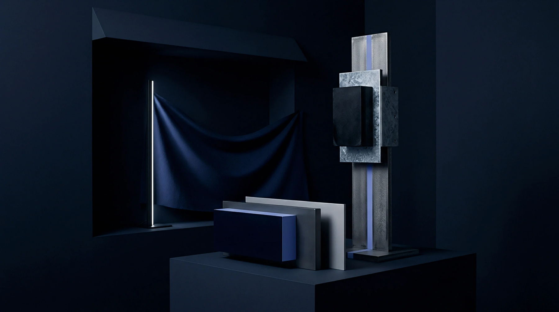 Digital rendering of modular geometric forms in metal and matte finishes arranged alongside draped fabric in a dark monochrome environment for luxury product visualization.
