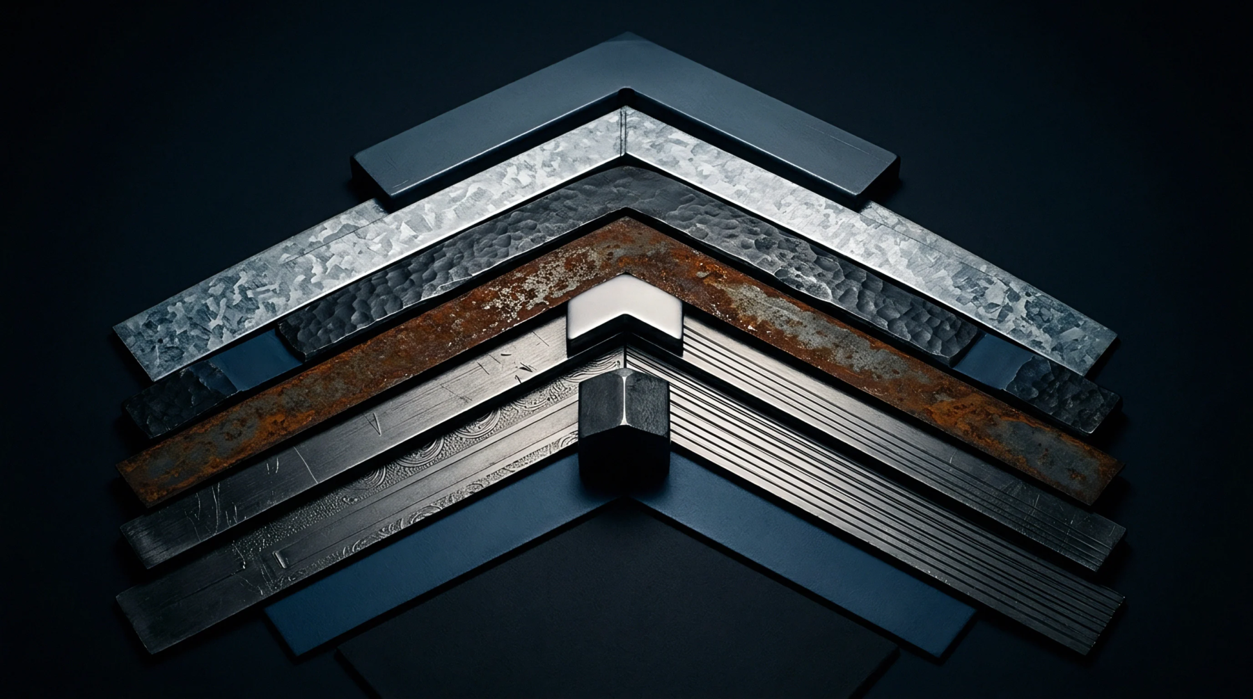 Multiple metal angle profiles display contrasting surface conditions showing galvanization and corrosion arranged systematically across a dark industrial background surface.