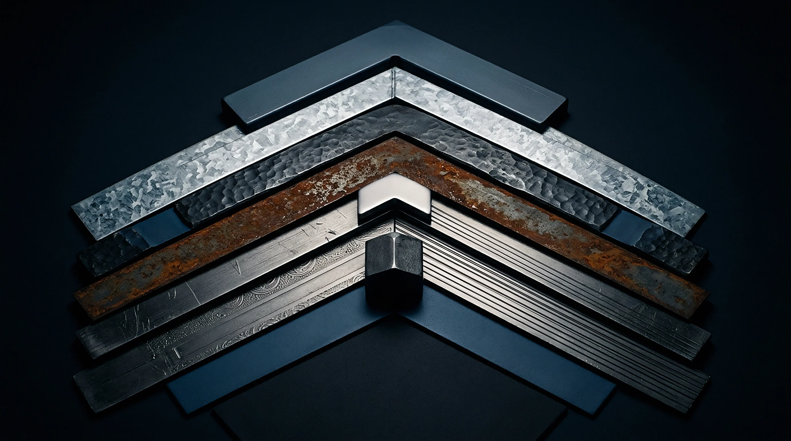 Multiple metal angle profiles display contrasting surface conditions showing galvanization and corrosion arranged systematically across a dark industrial background surface.